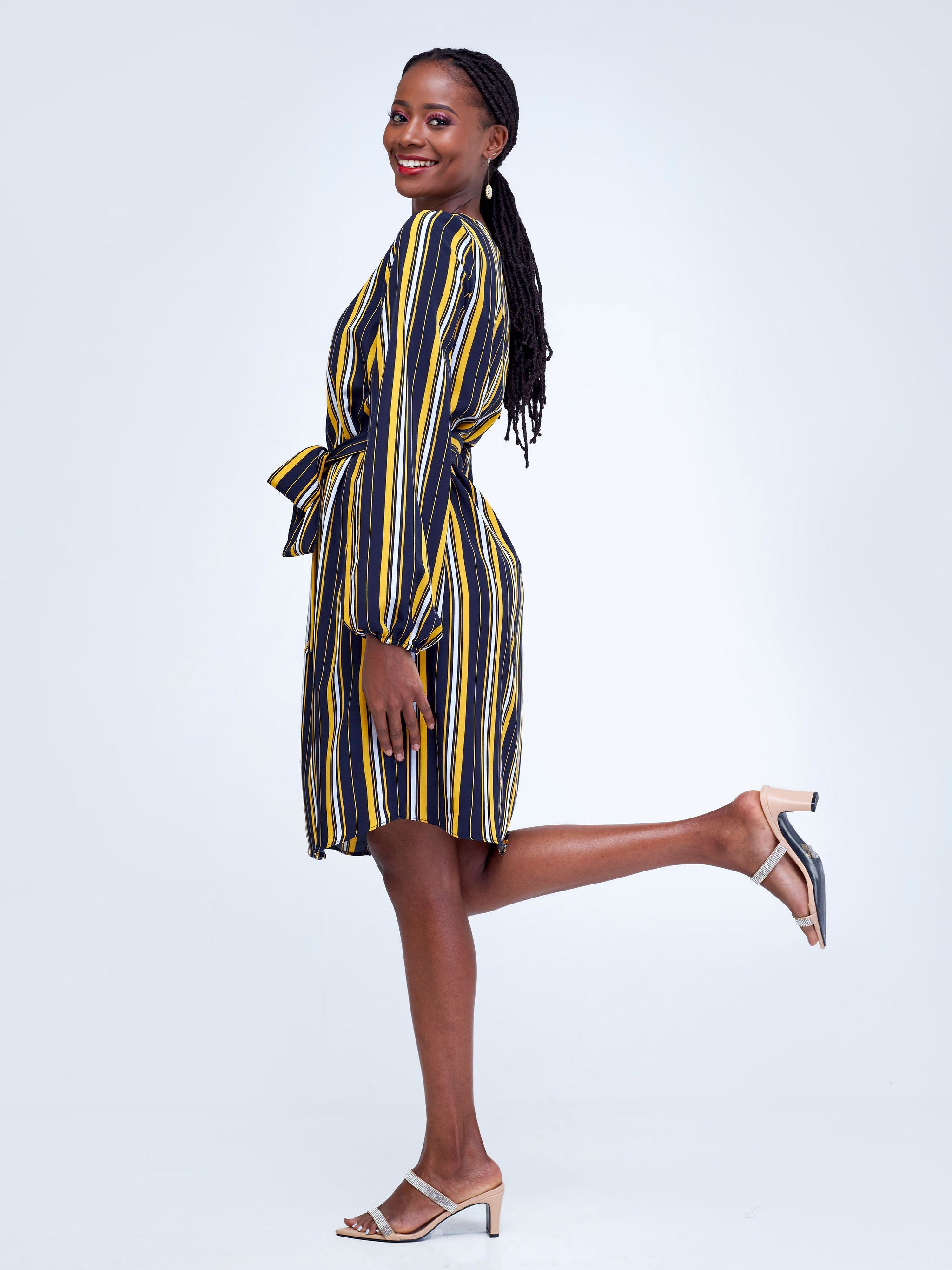 Vivo Zawadi Shift Dress - Yellow / Black Stripes Print