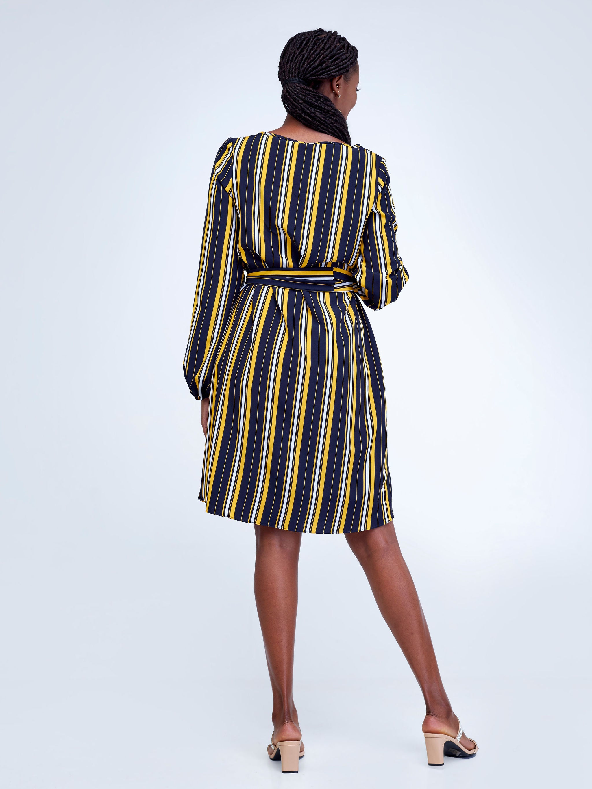 Vivo Zawadi Shift Dress - Yellow / Black Stripes Print