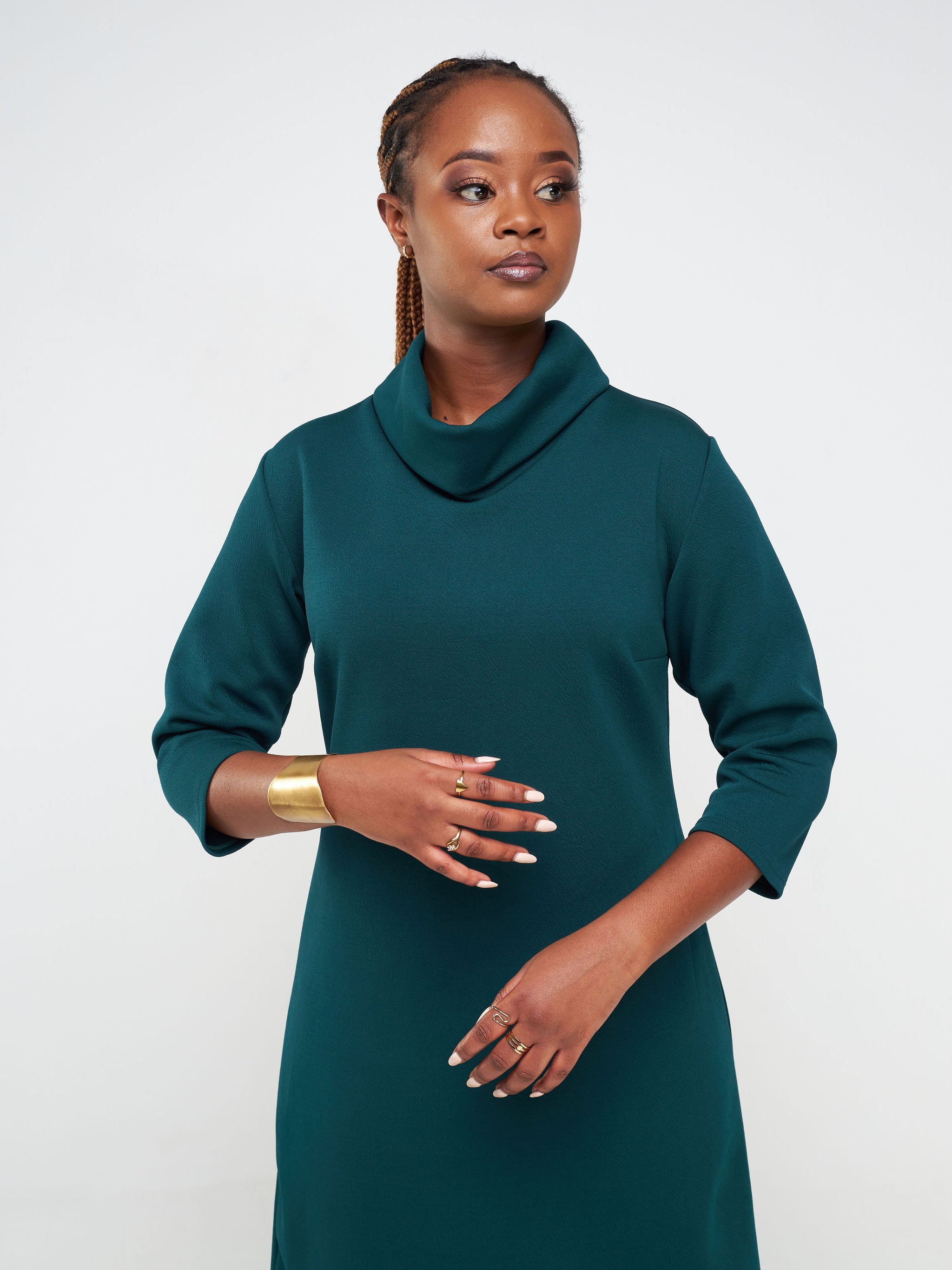 Vivo Neza Cowl 3/4 Sleeve A-line Dress - Green