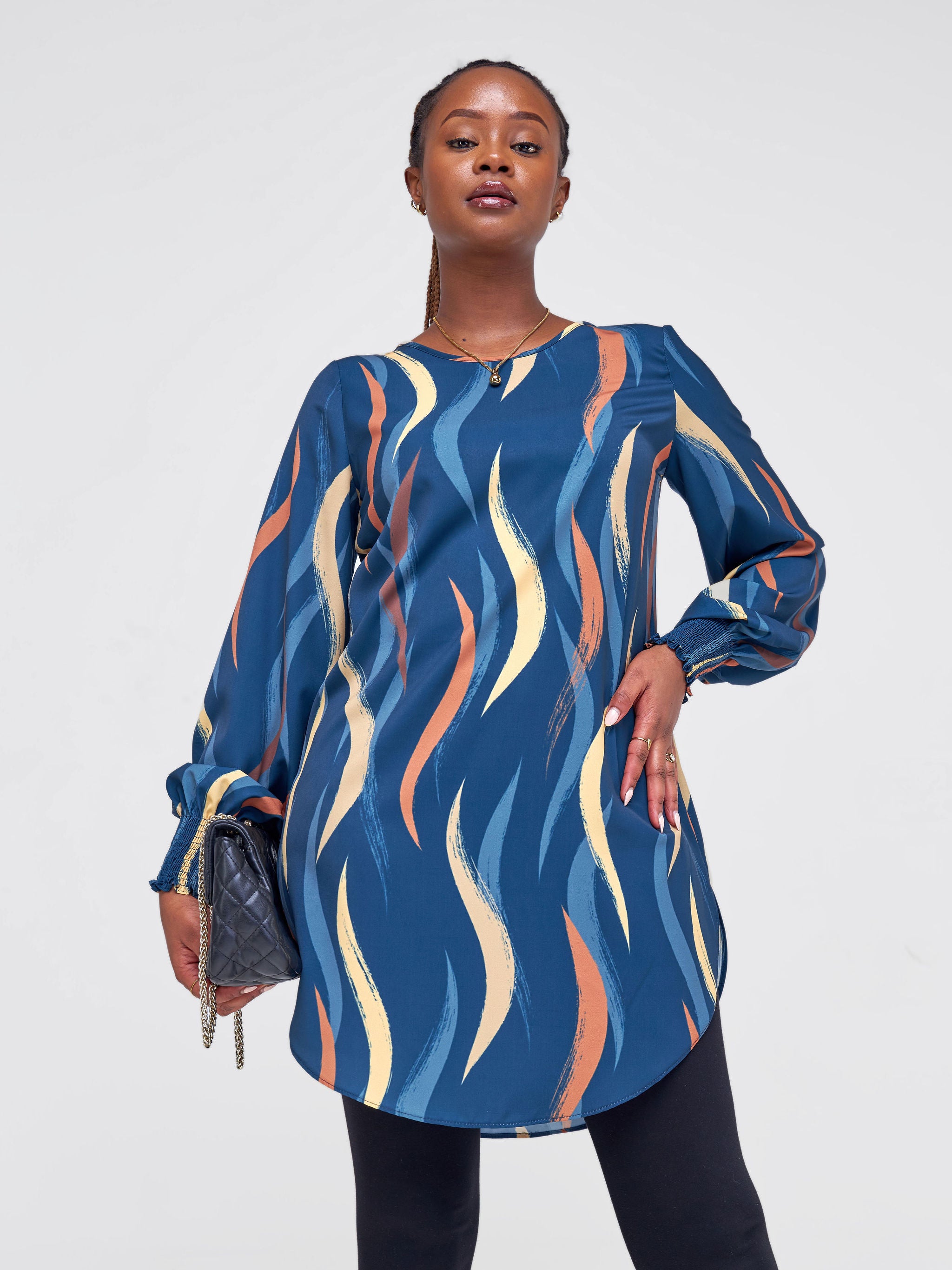 Vivo Basic Shirred Sleeve Dress Top - Rust / Navy Abstract Print