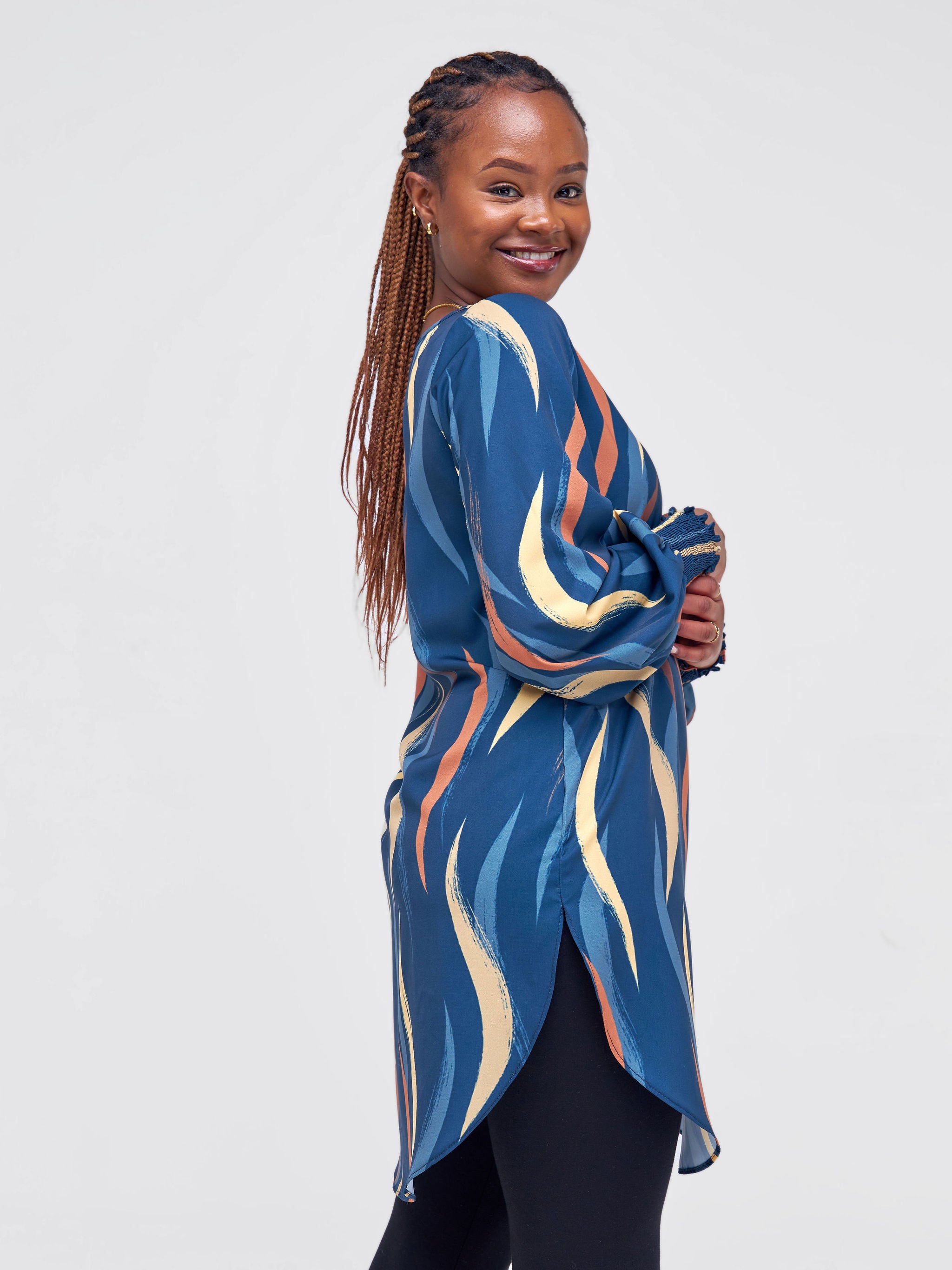 Vivo Basic Shirred Sleeve Dress Top - Rust / Navy Abstract Print