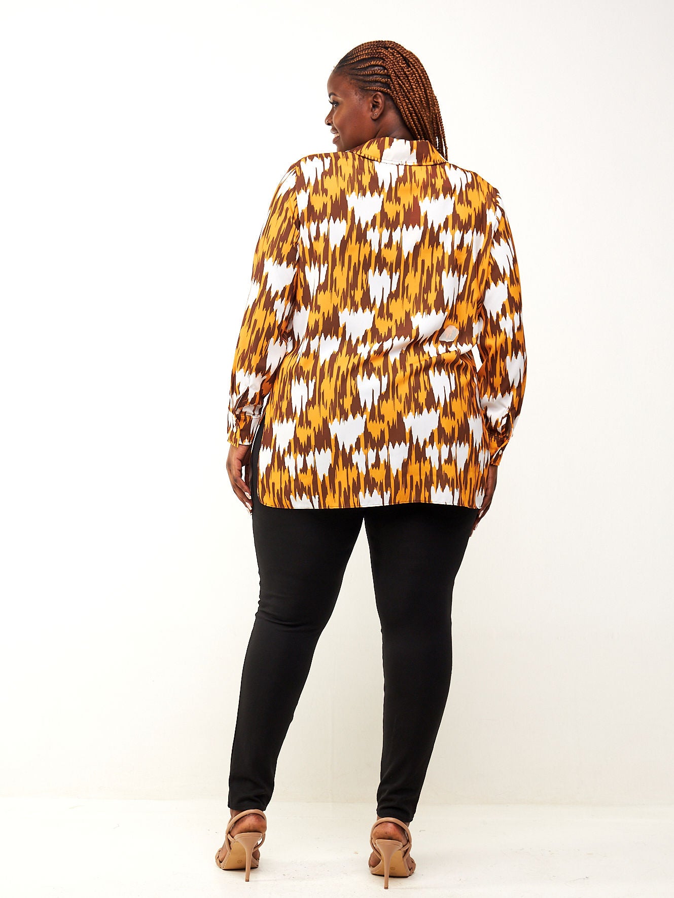 Vivo Taji Long Sleeve V-Neck Tunic Top - Brown / Mustard Ikat Abstract Print