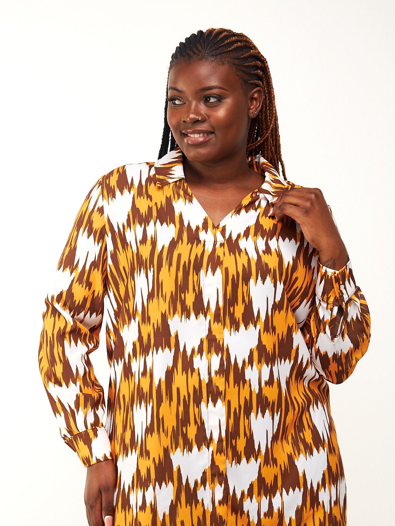 Vivo Taji Long Sleeve V-Neck Tunic Top - Brown / Mustard Ikat Abstract Print