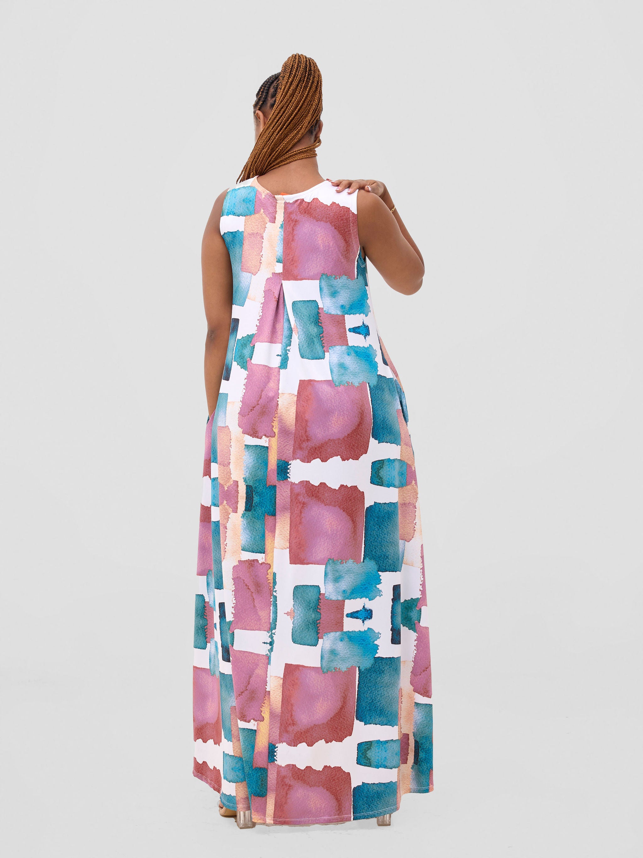 Vivo Lumi Back Pleat Maxi Dress - Turquoise / Pink Wenzi Print