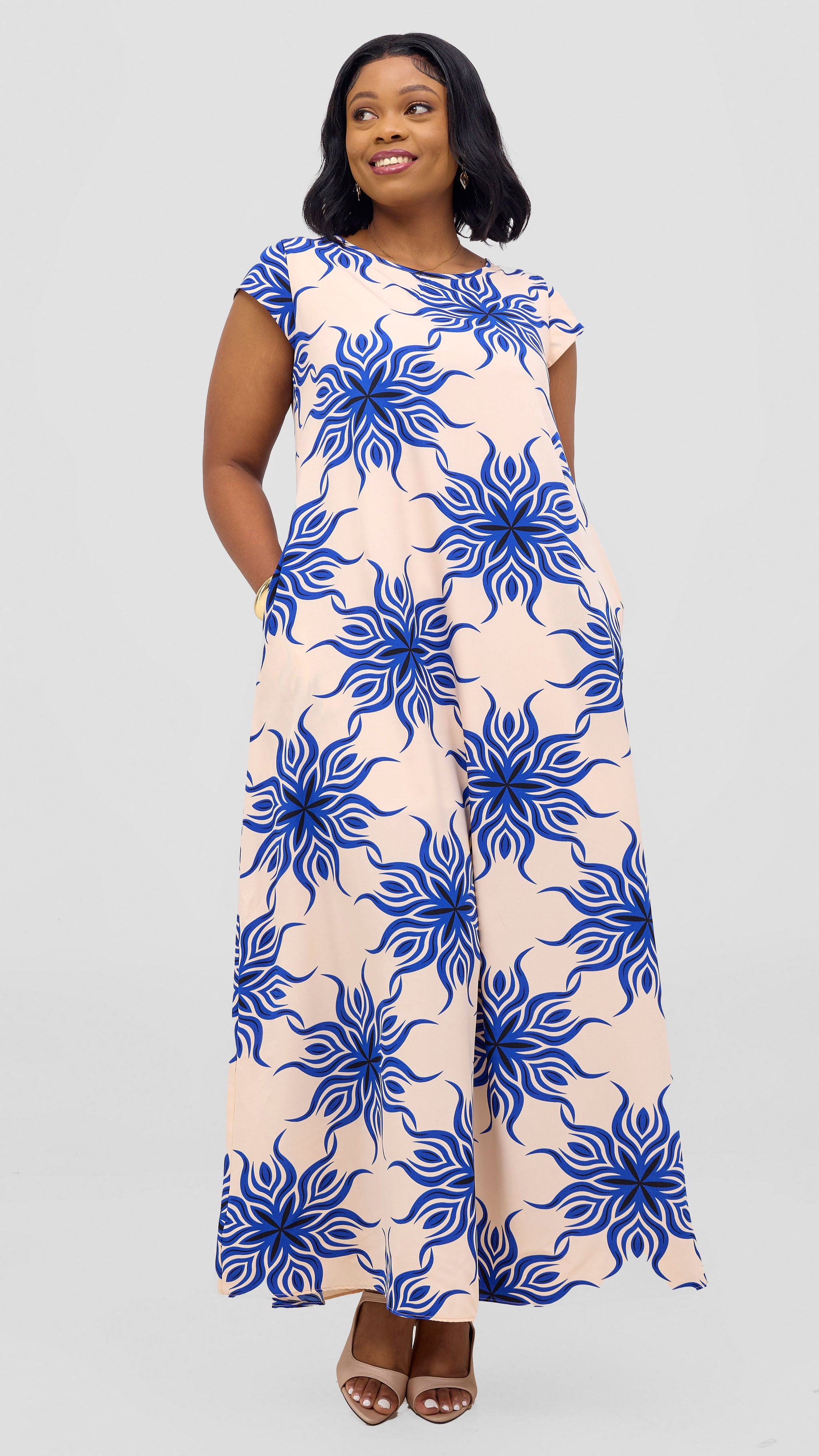 Vivo Basic Round Neck Maxi Dress - Blue / Black Print
