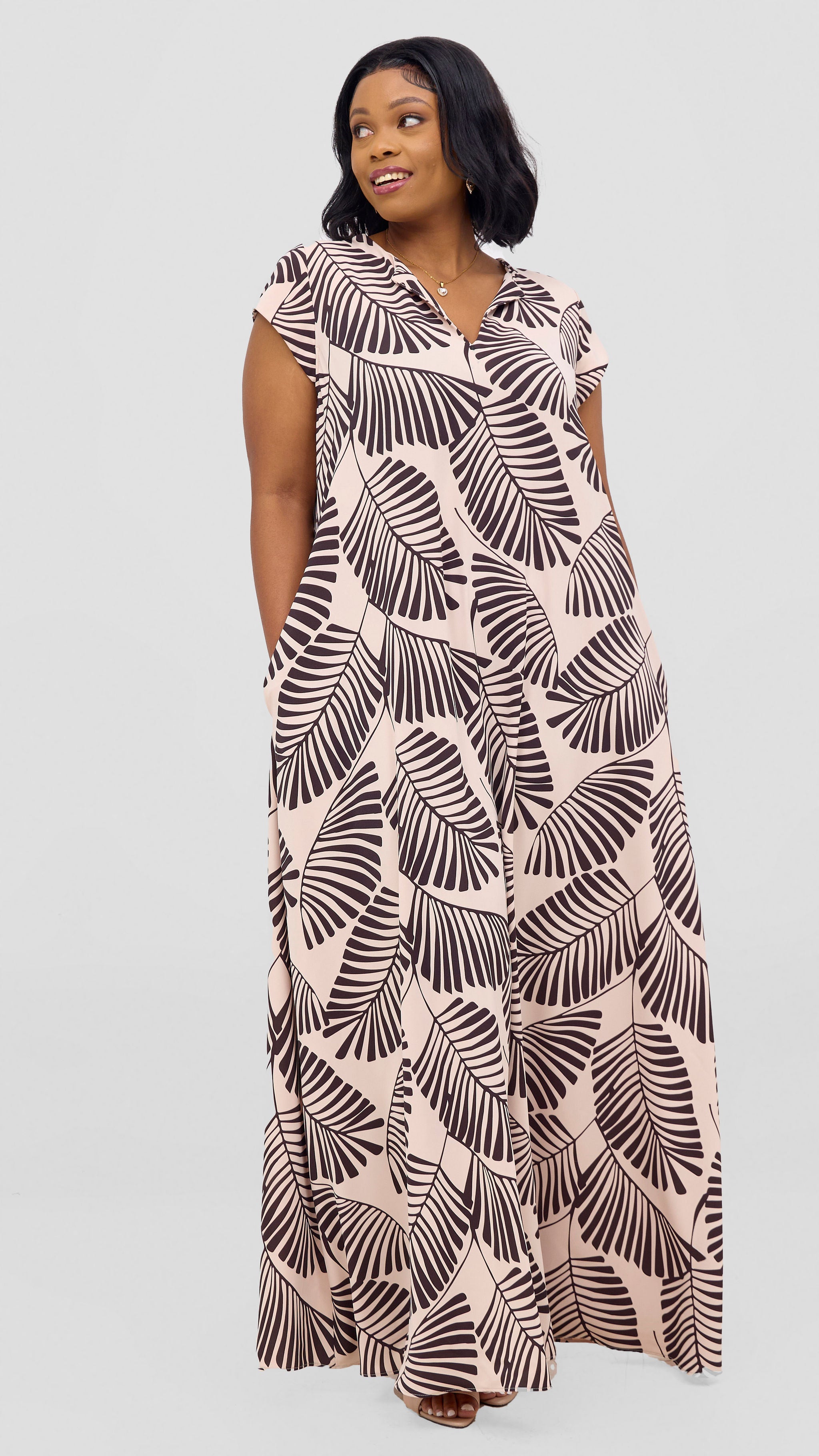 Vivo Zola V Neck Cap Sleeve Maxi Dress - Buttermilk / Chocolate Emin Print