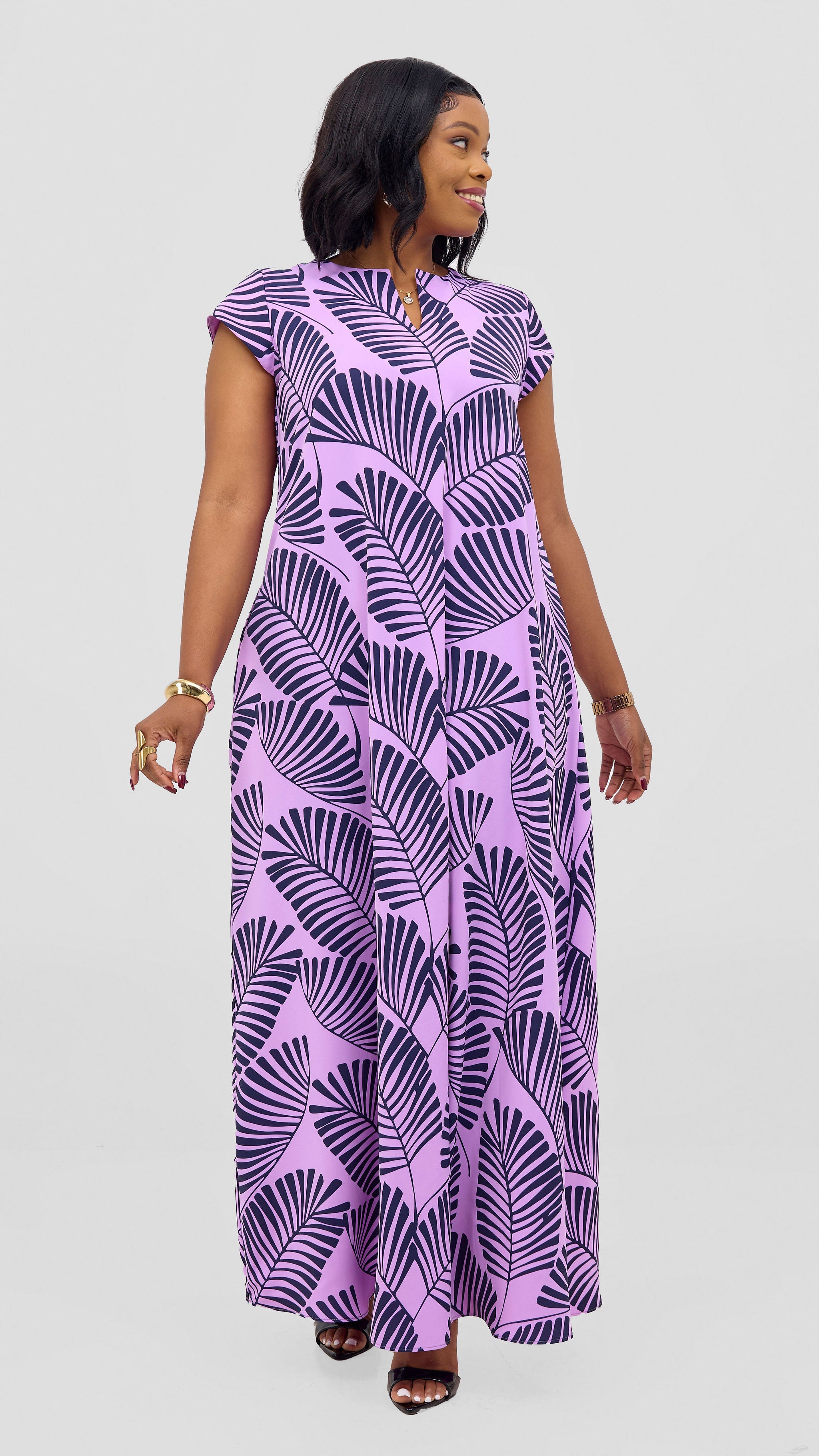 Vivo Zola V Neck Cap Sleeve Maxi Dress - Lilac / Navy Emin Print