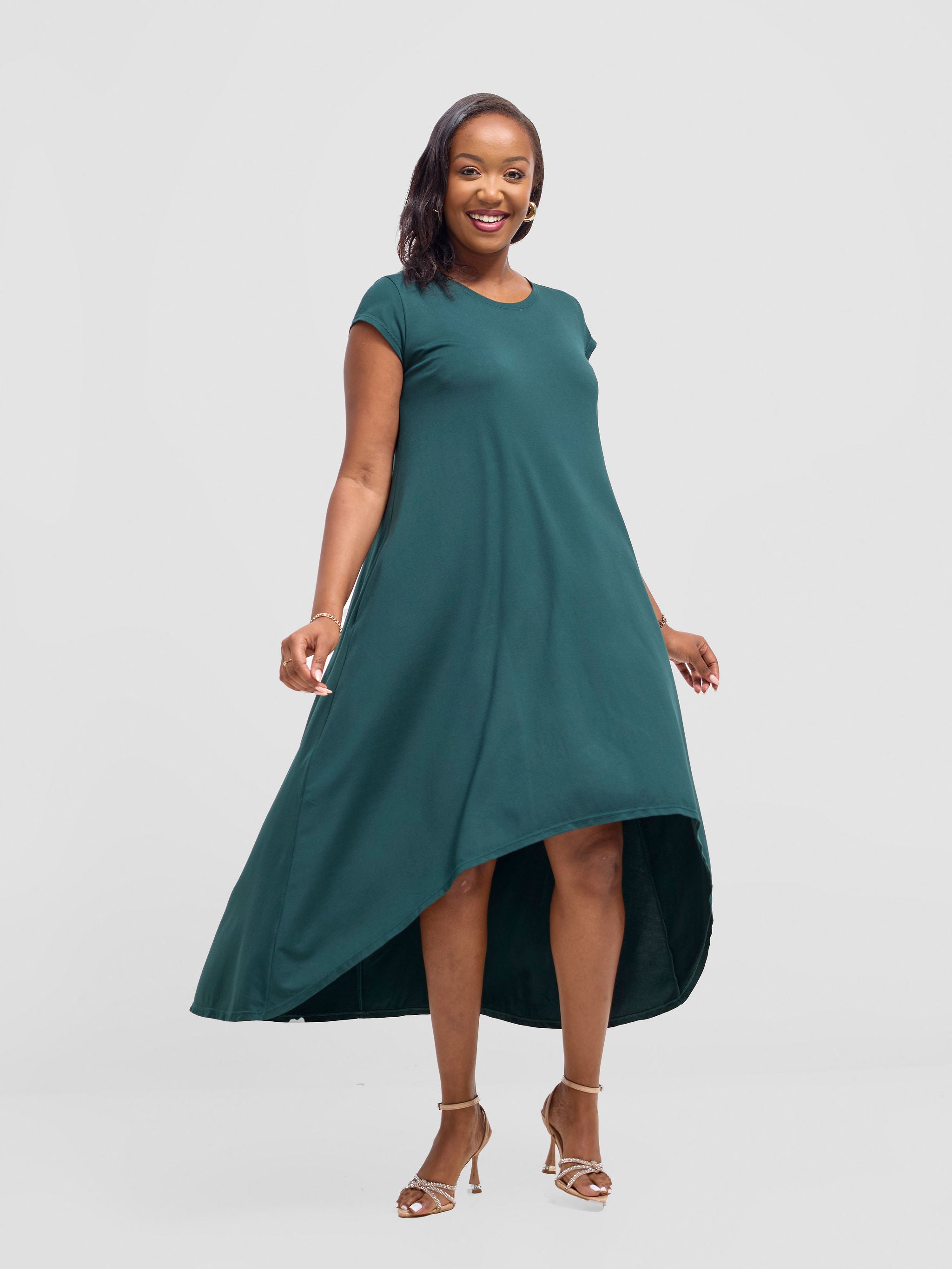 Vivo Ponte Back Pleat High Low Dress - Dark Green