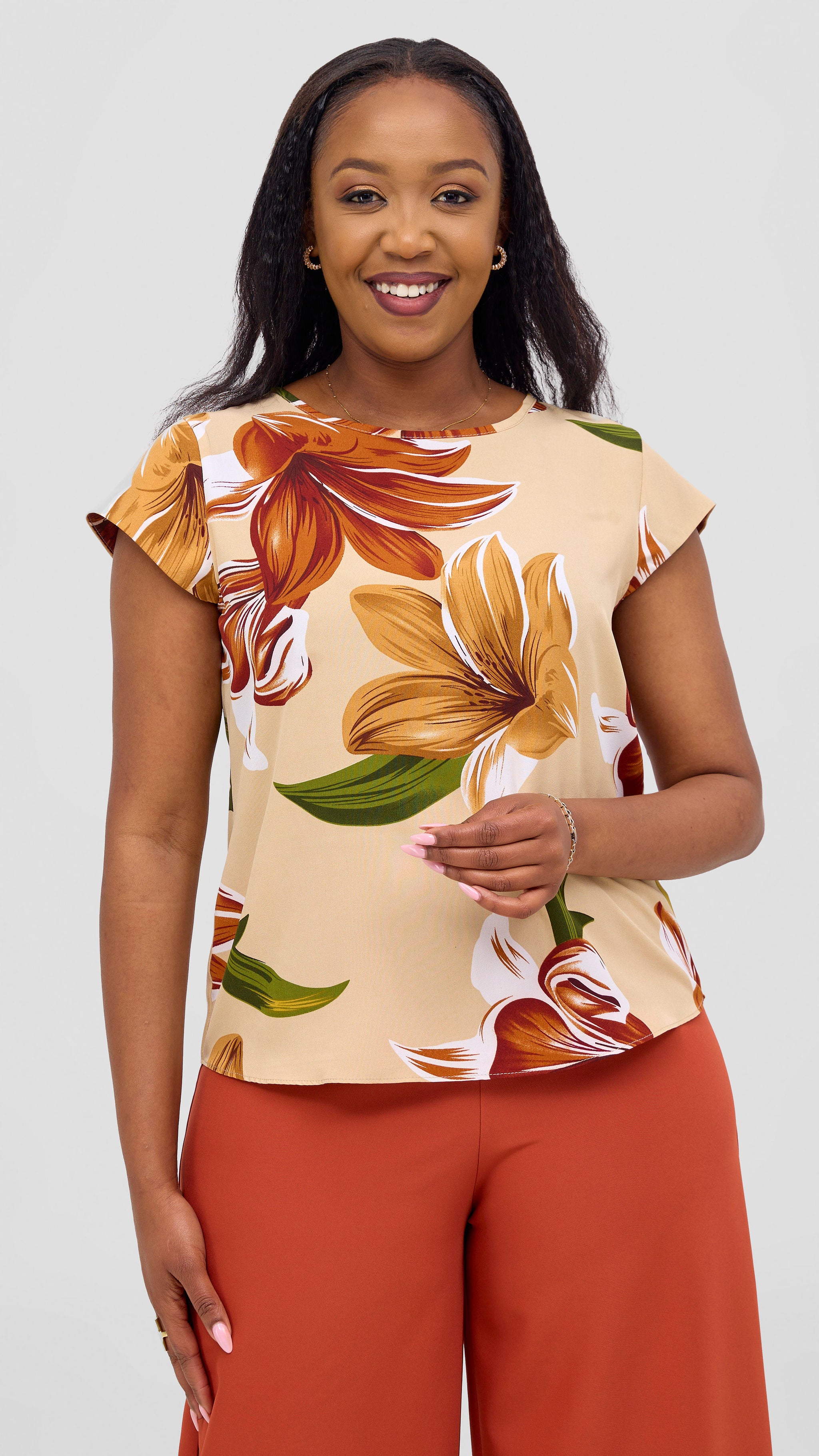 Vivo Basic Crepe Cap Sleeved Top - Green / Rust Print