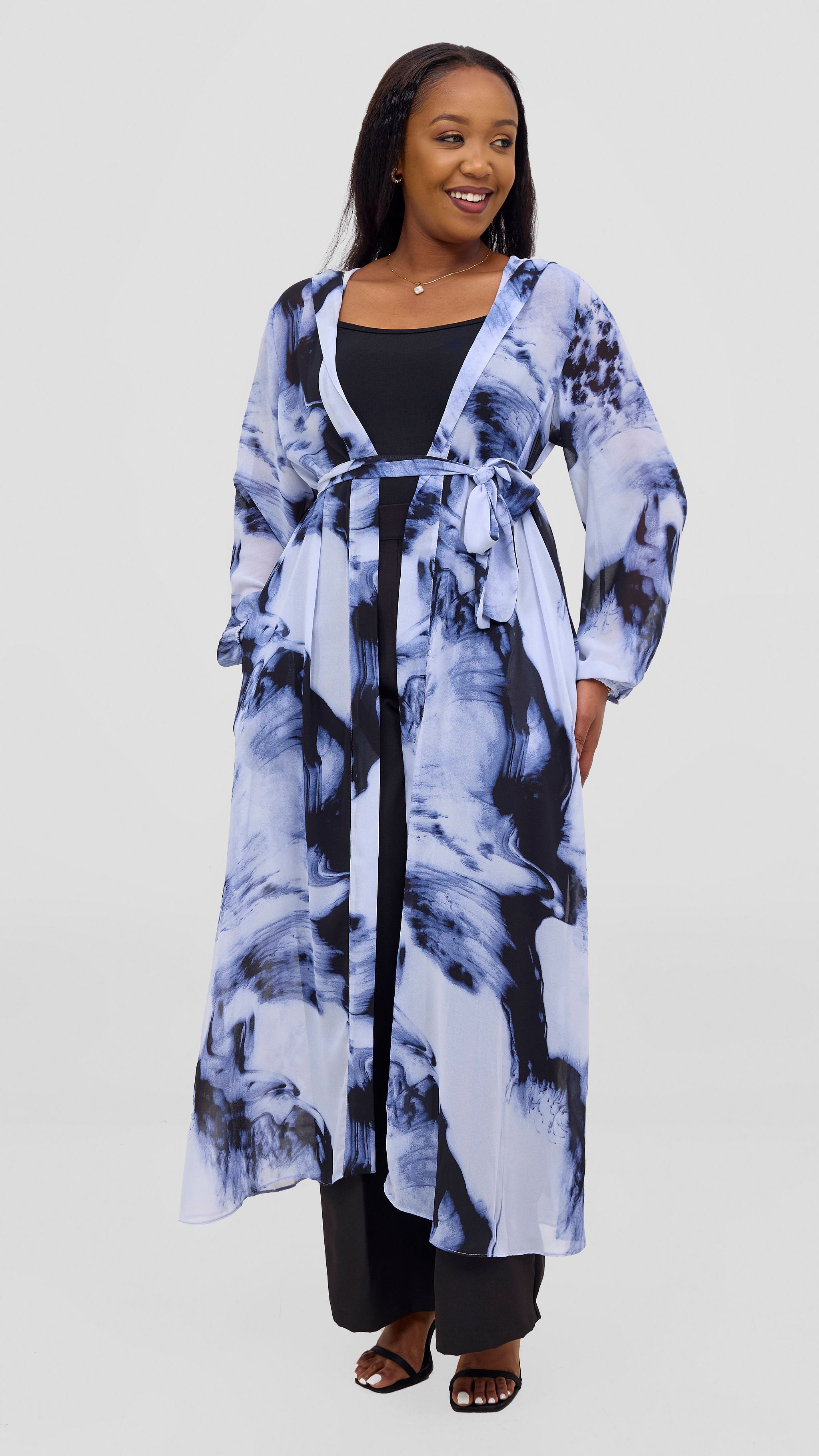 Vivo Basic Hooded Kimono - Black / Blue Print