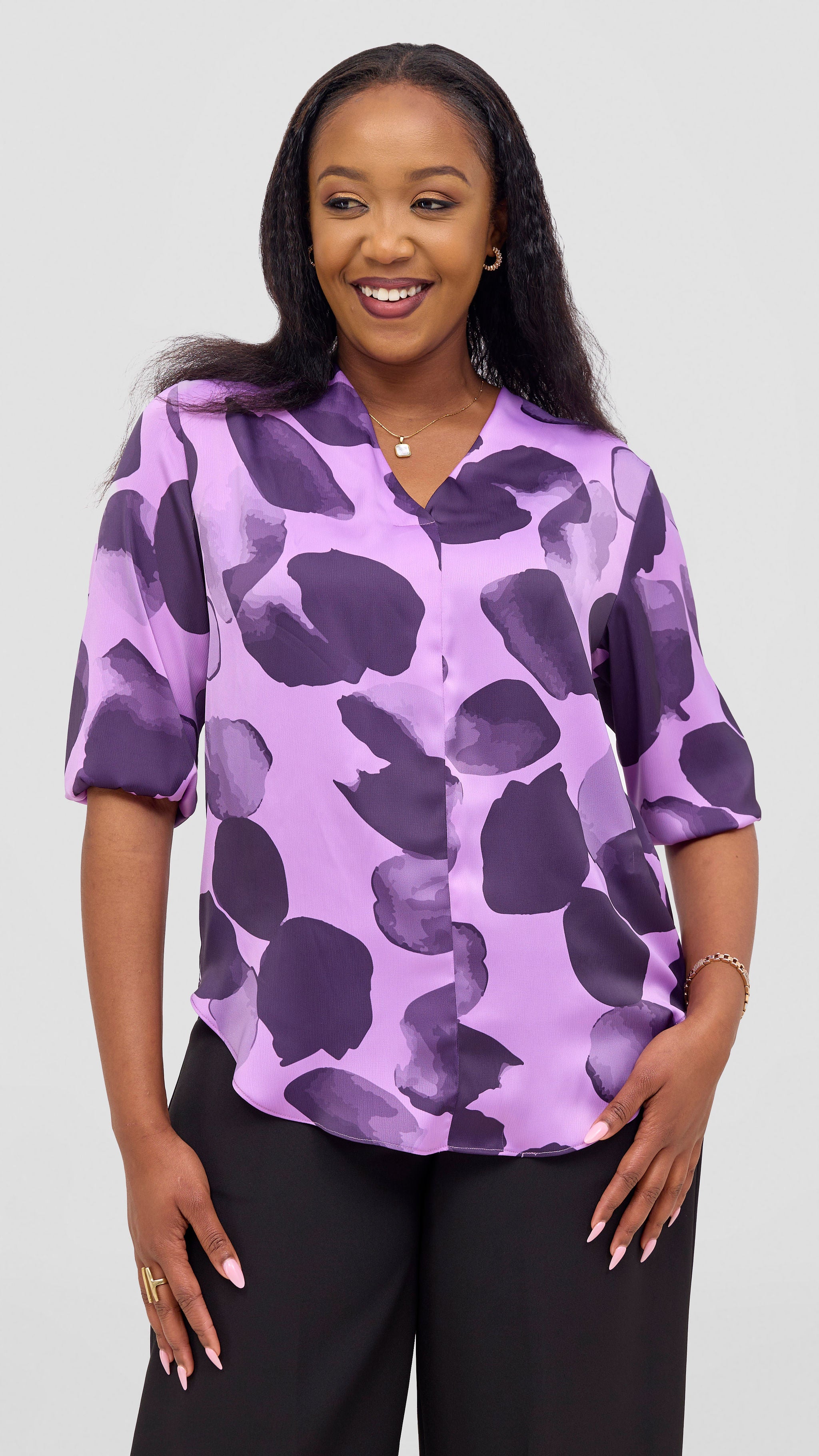 Vivo Dua 3/4 Sleeved V Neck Shirt - Lilac / Eggplant Arisi Print