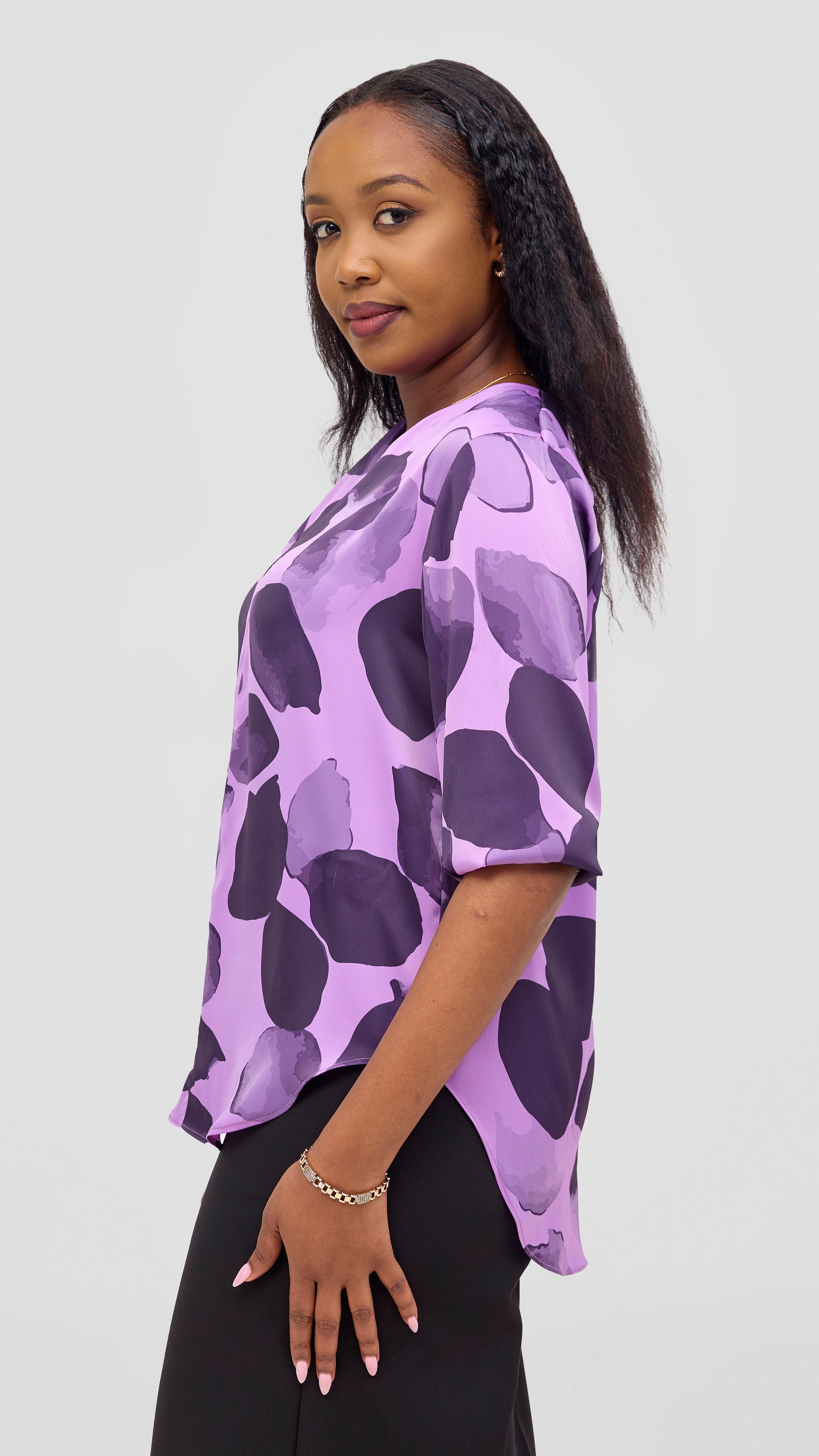 Vivo Dua 3/4 Sleeved V Neck Shirt - Lilac / Eggplant Arisi Print