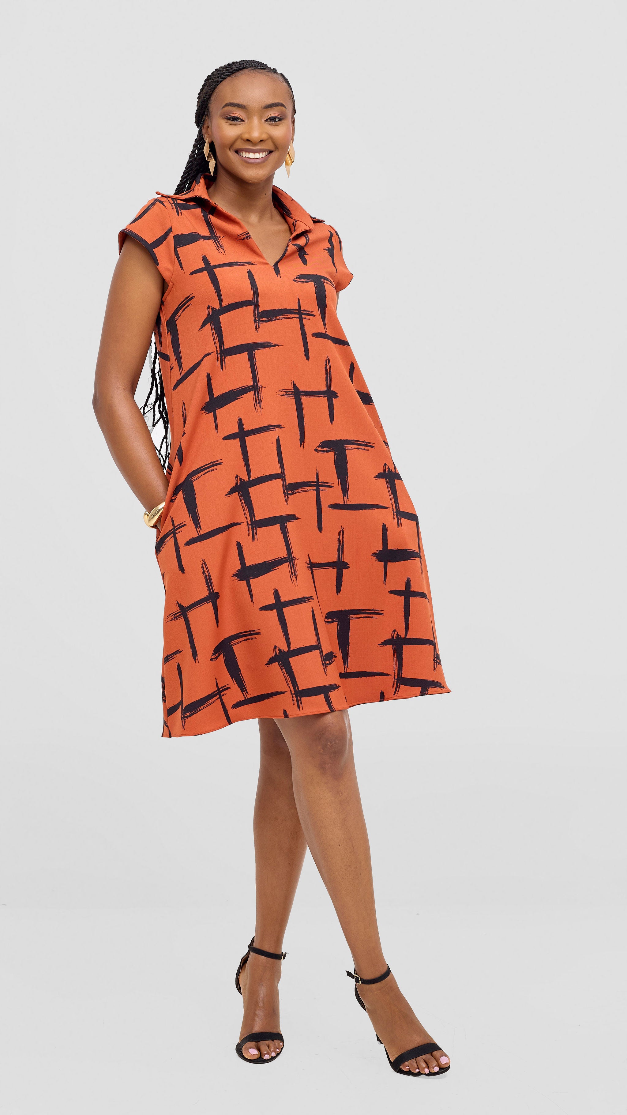 Vivo Mandla Tent Dress - Rust / Black Seka Print