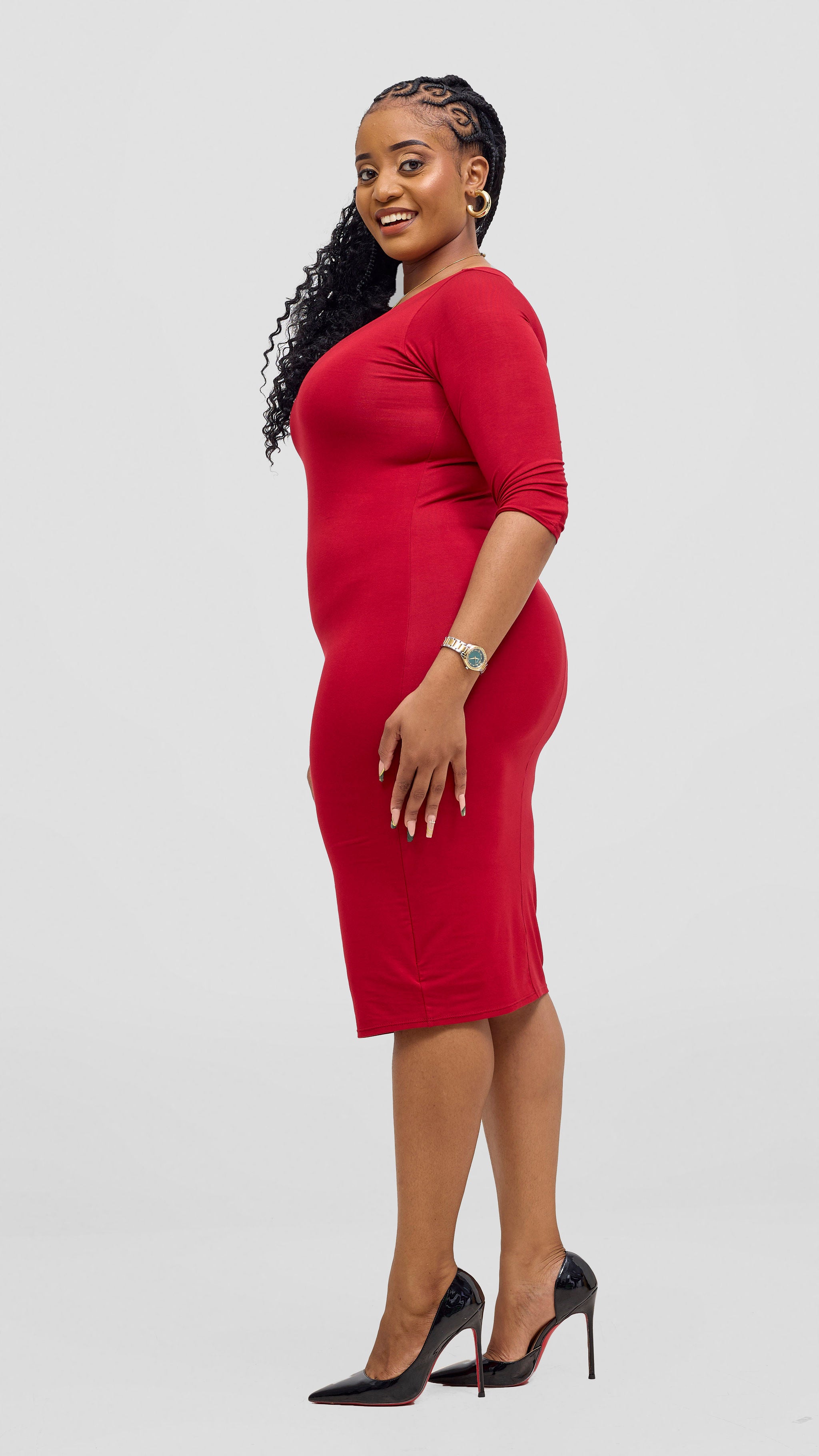 Vivo Everyday 3/4 Sleeve Double Layered Bodycon Dress - Dark Red