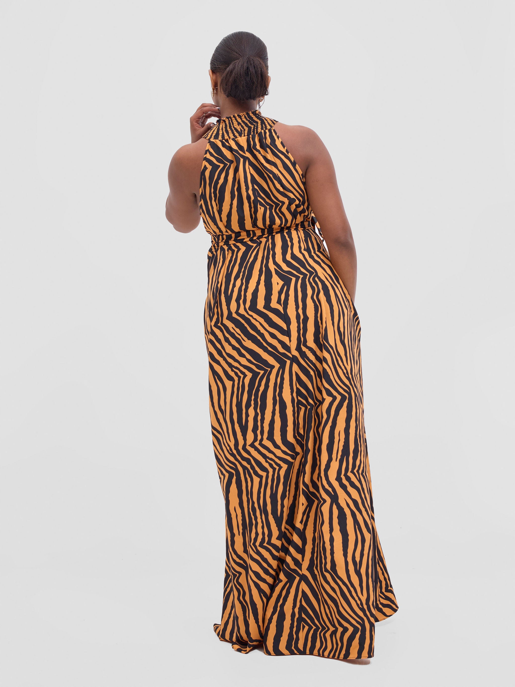 Vivo Alek Halter Neck Maxi Dress - Orange / Black Mistari Print