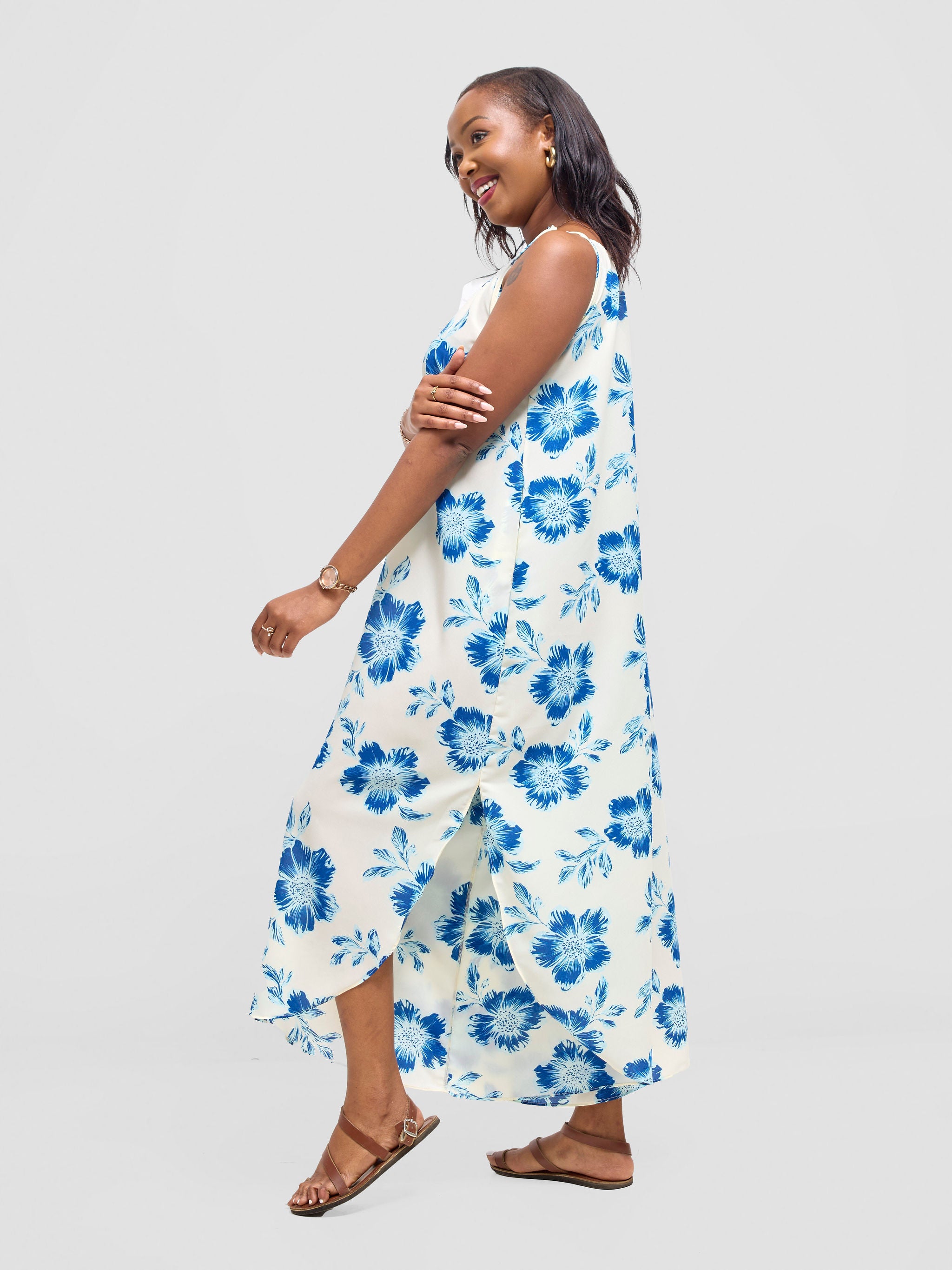 Vivo Maisha Strappy Culotte Jumpsuit - Cream / Blue Print