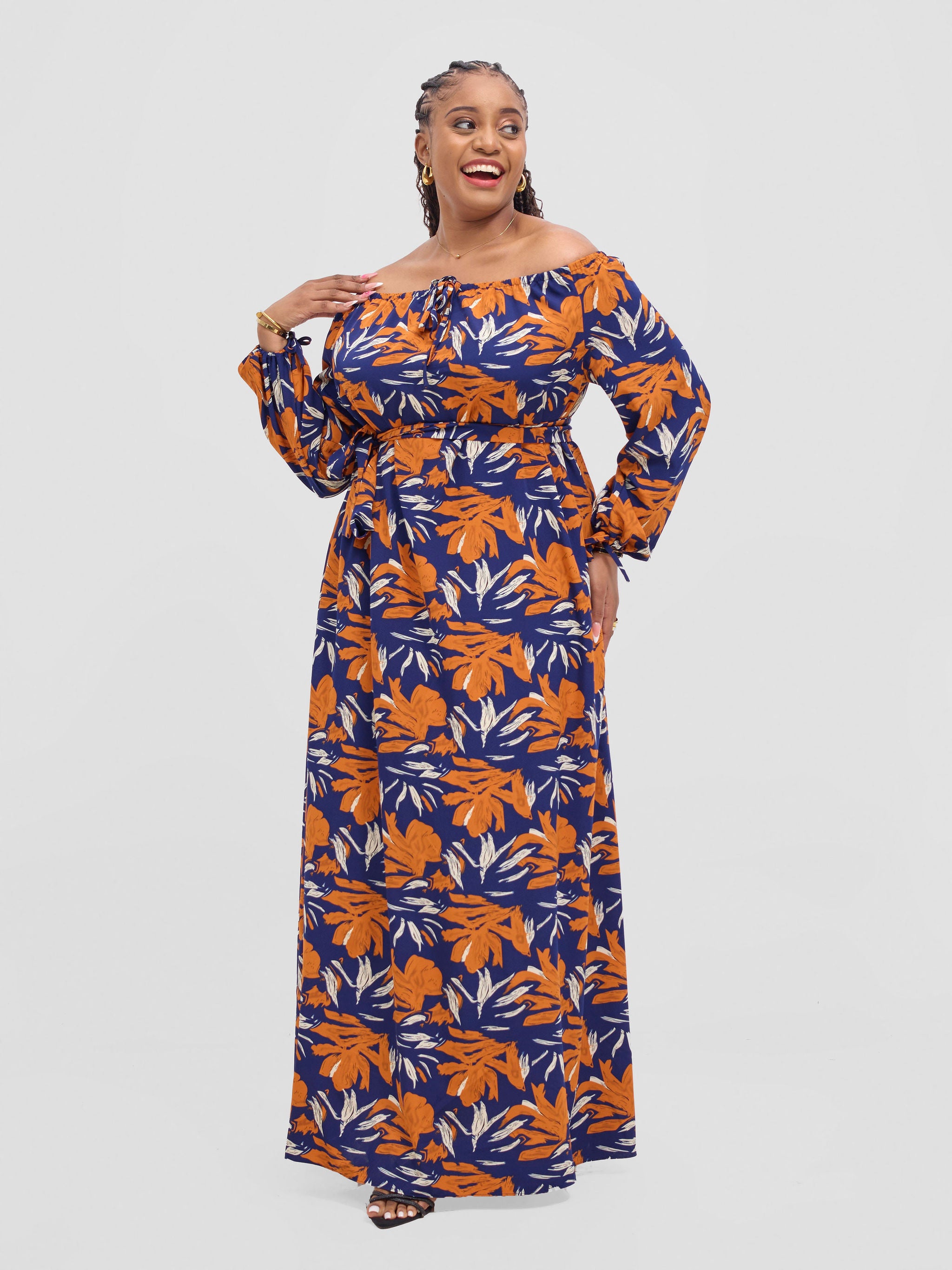Vivo Zahari Off-Shoulder Maxi Dress - Navy / Orange Zaha Print