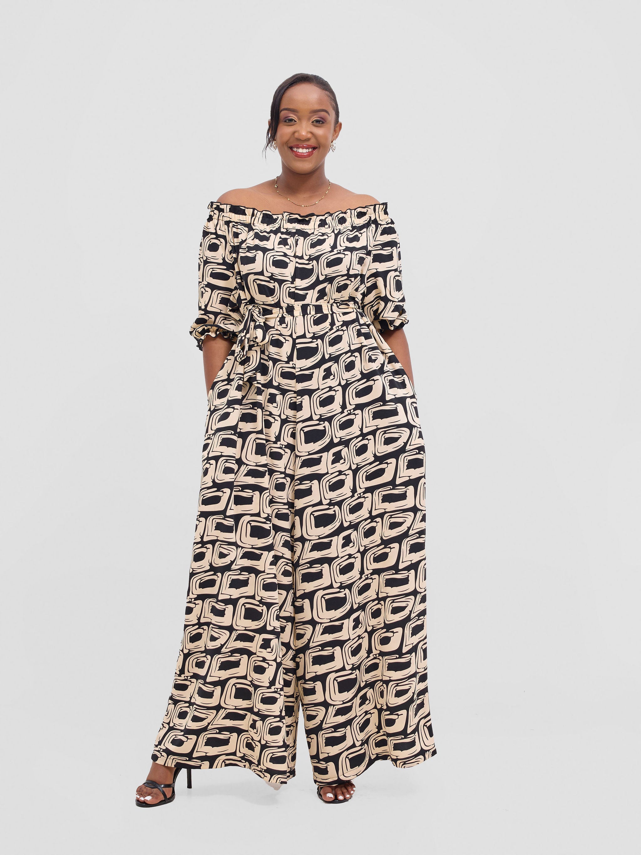Vivo Ayla Off-Shoulder Jumpsuit -Black / Taupe Umbo Print