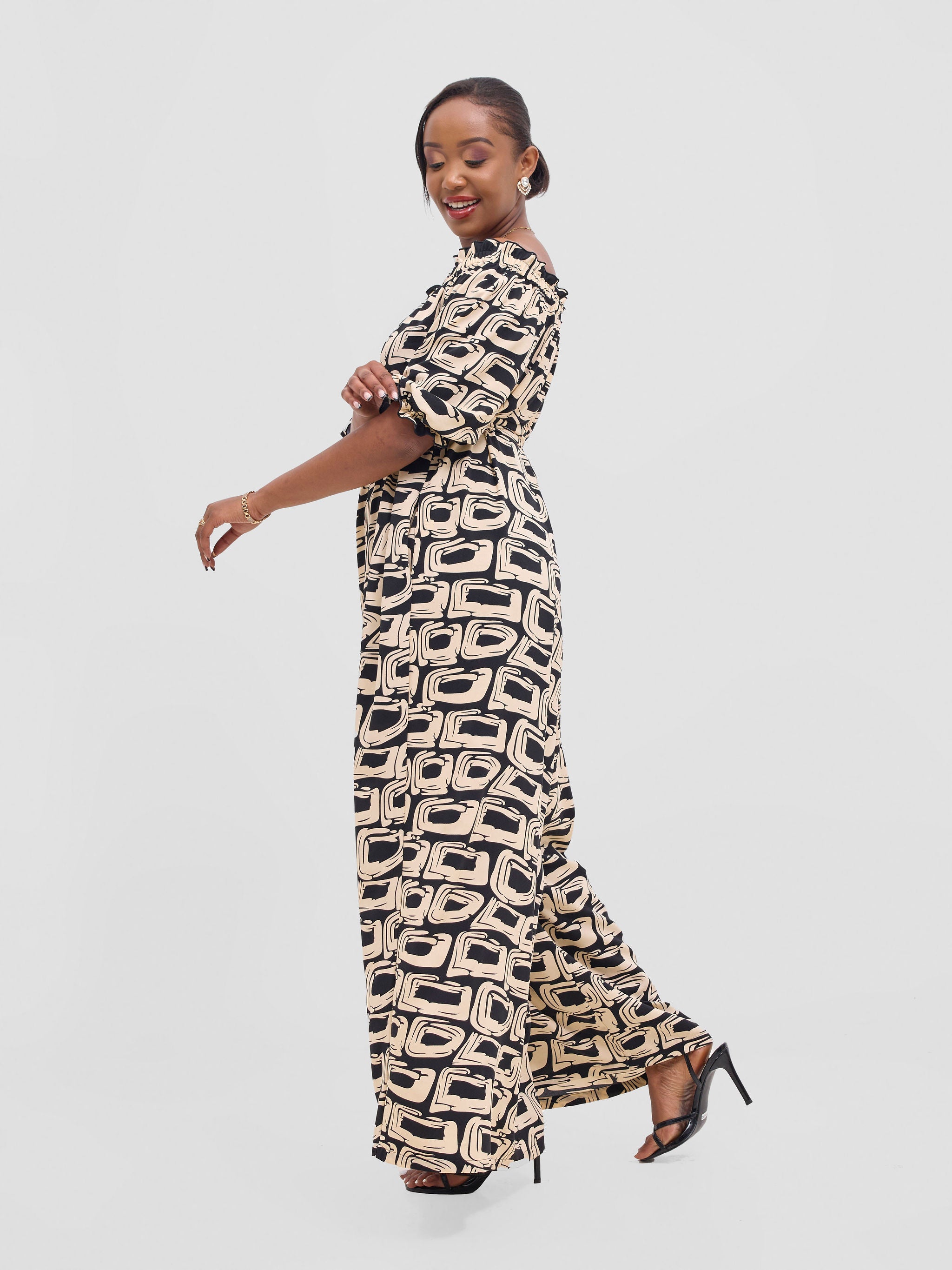 Vivo Ayla Off-Shoulder Jumpsuit -Black / Taupe Umbo Print