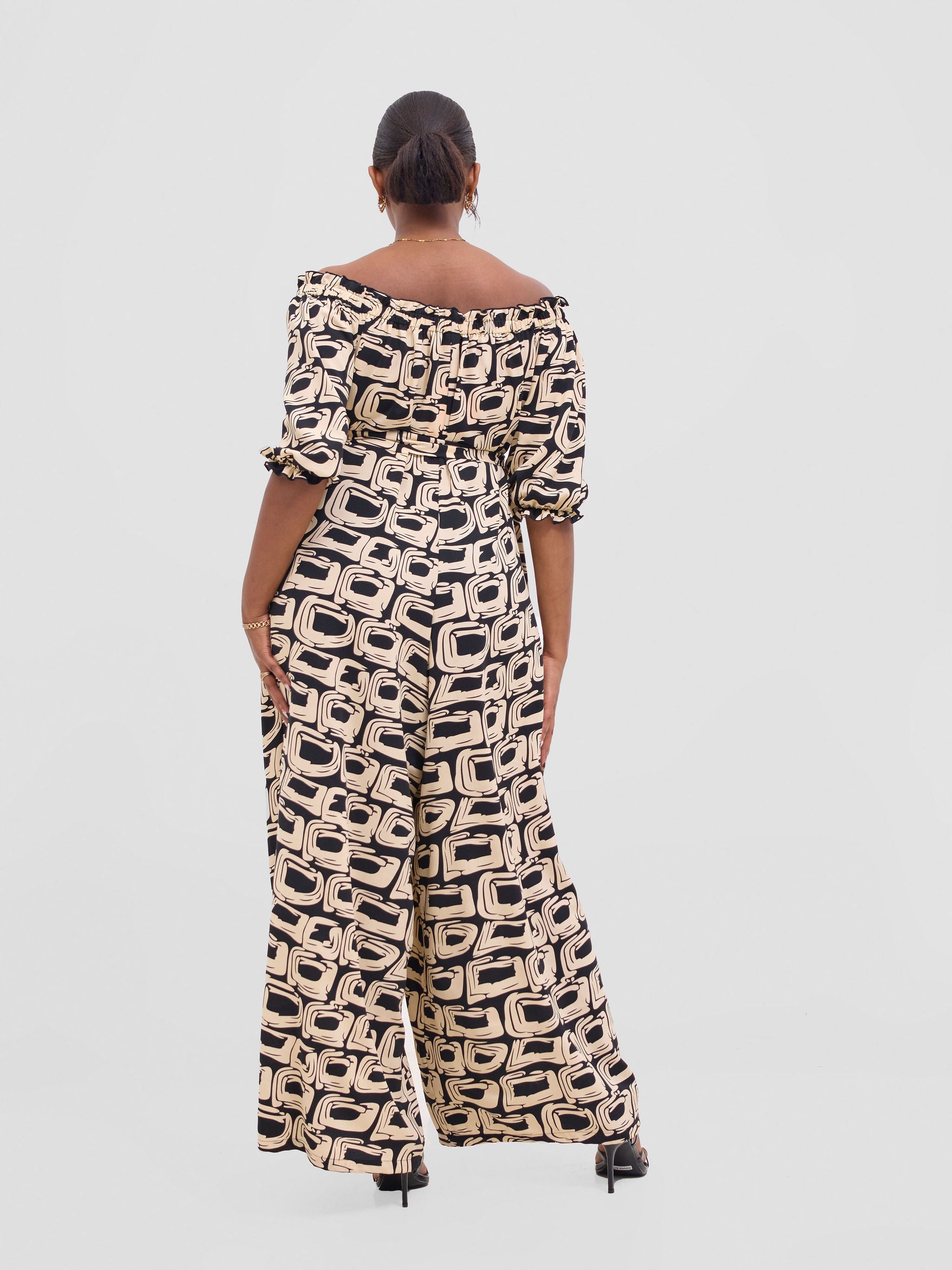Vivo Ayla Off-Shoulder Jumpsuit -Black / Taupe Umbo Print