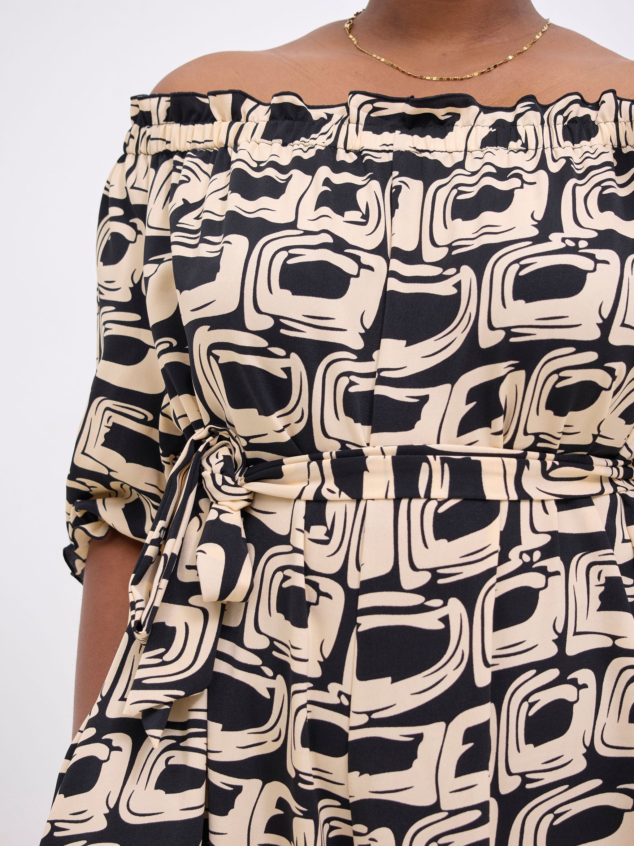 Vivo Ayla Off-Shoulder Jumpsuit -Black / Taupe Umbo Print