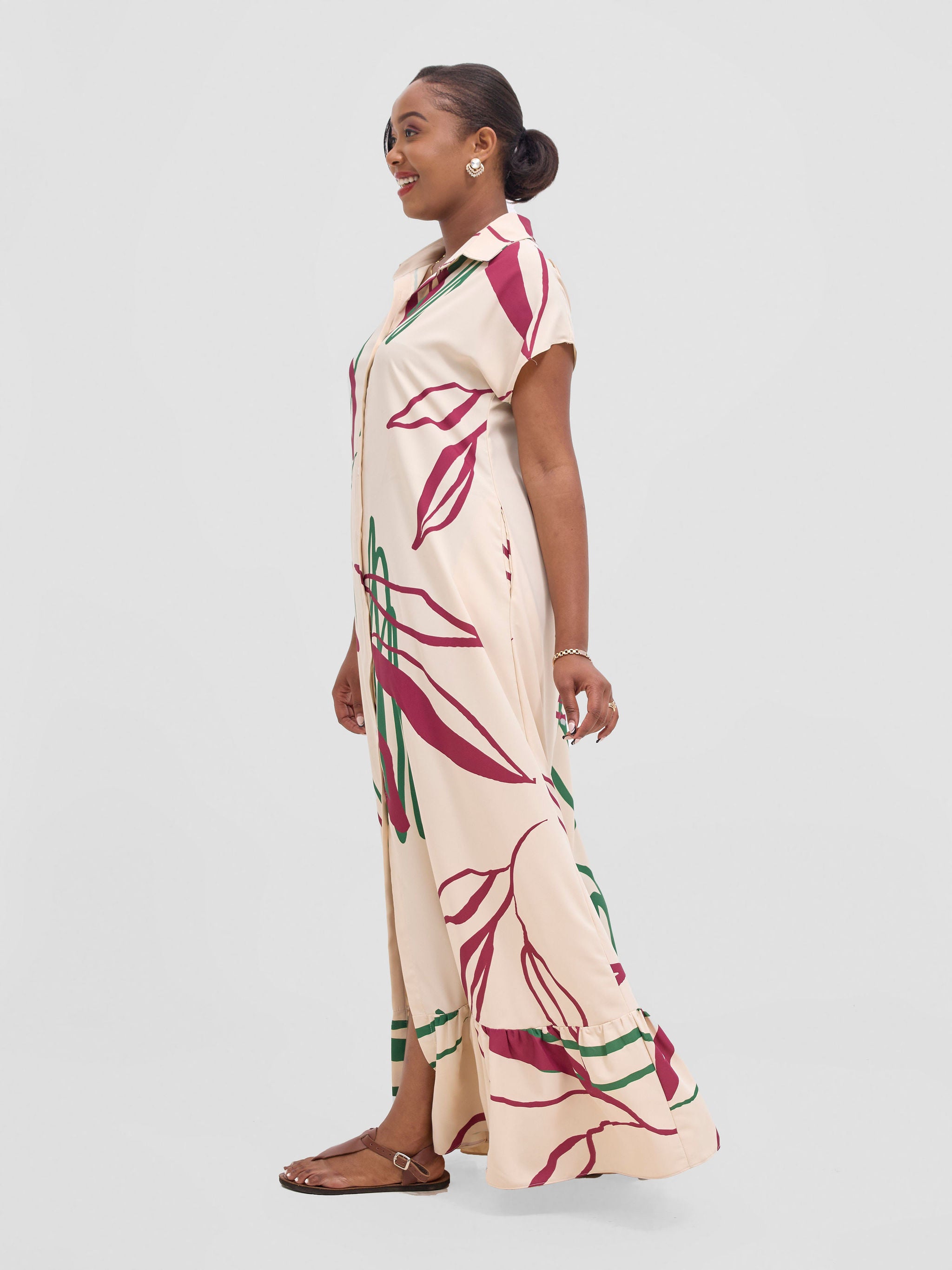 Vivo Asha Drop Shoulder Maxi Shirt Dress - Buttermilk / Green Piko Print