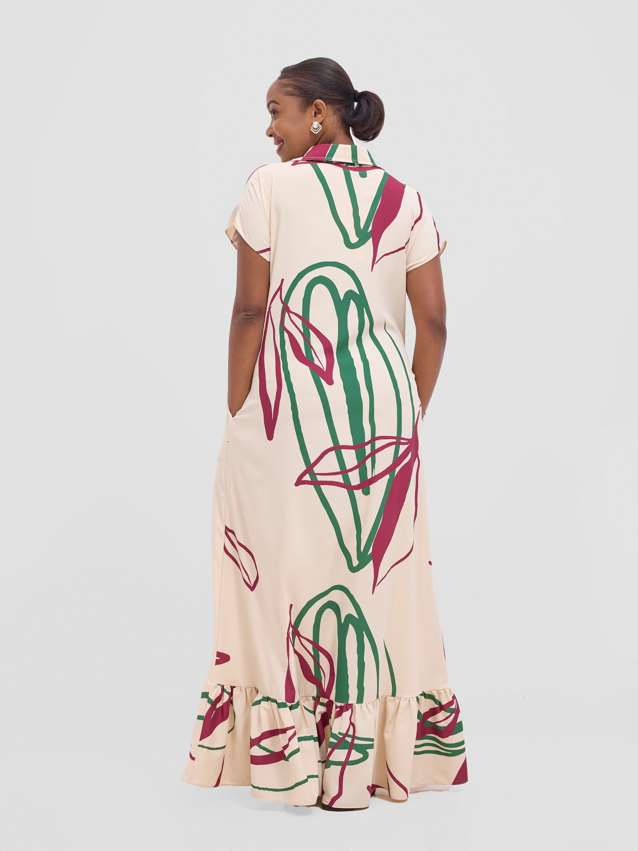 Vivo Asha Drop Shoulder Maxi Shirt Dress - Buttermilk / Green Piko Print