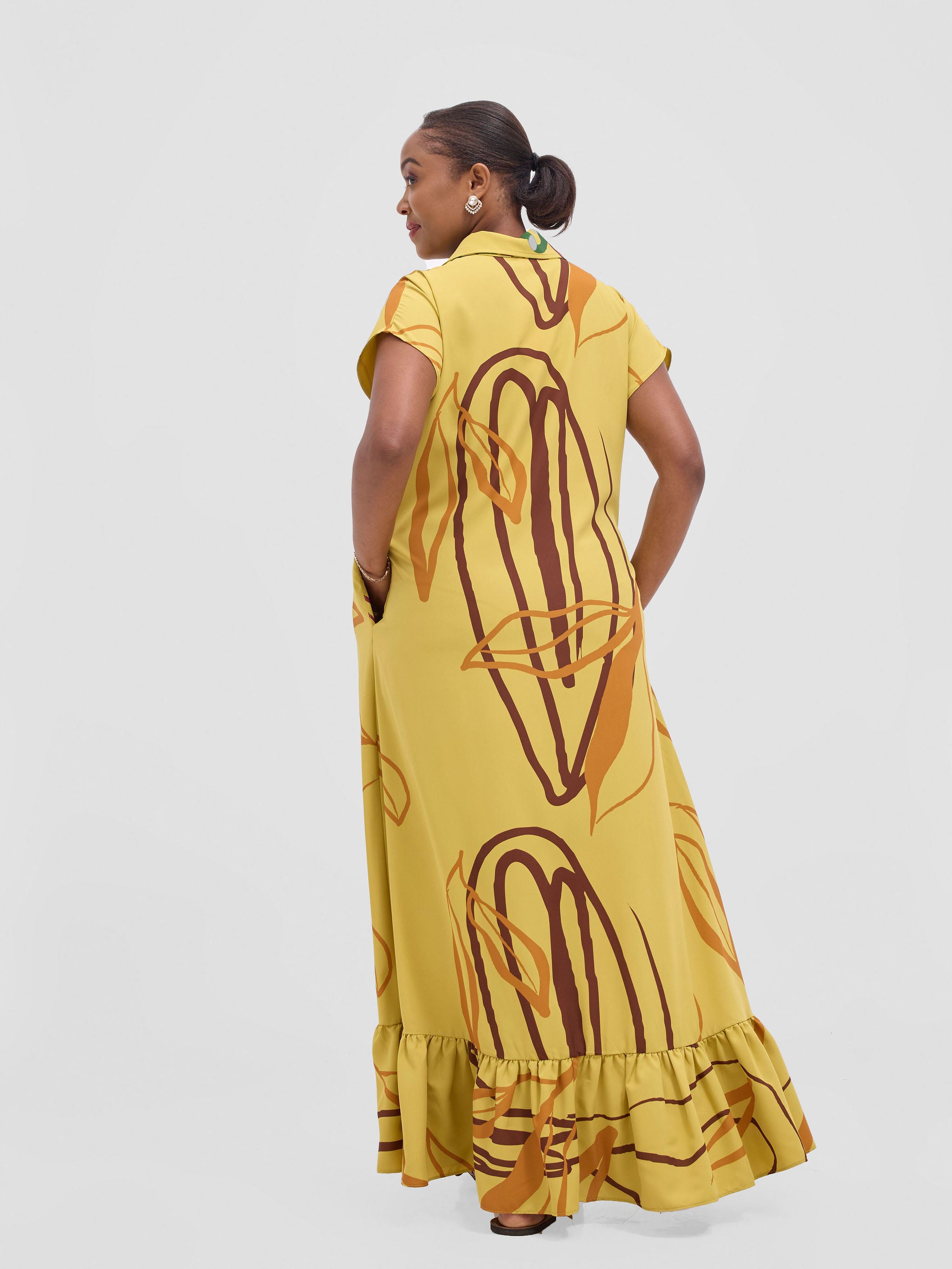 Vivo Asha Drop Shoulder Maxi Shirt Dress - Mustard Yellow / Chocolate Piko Print