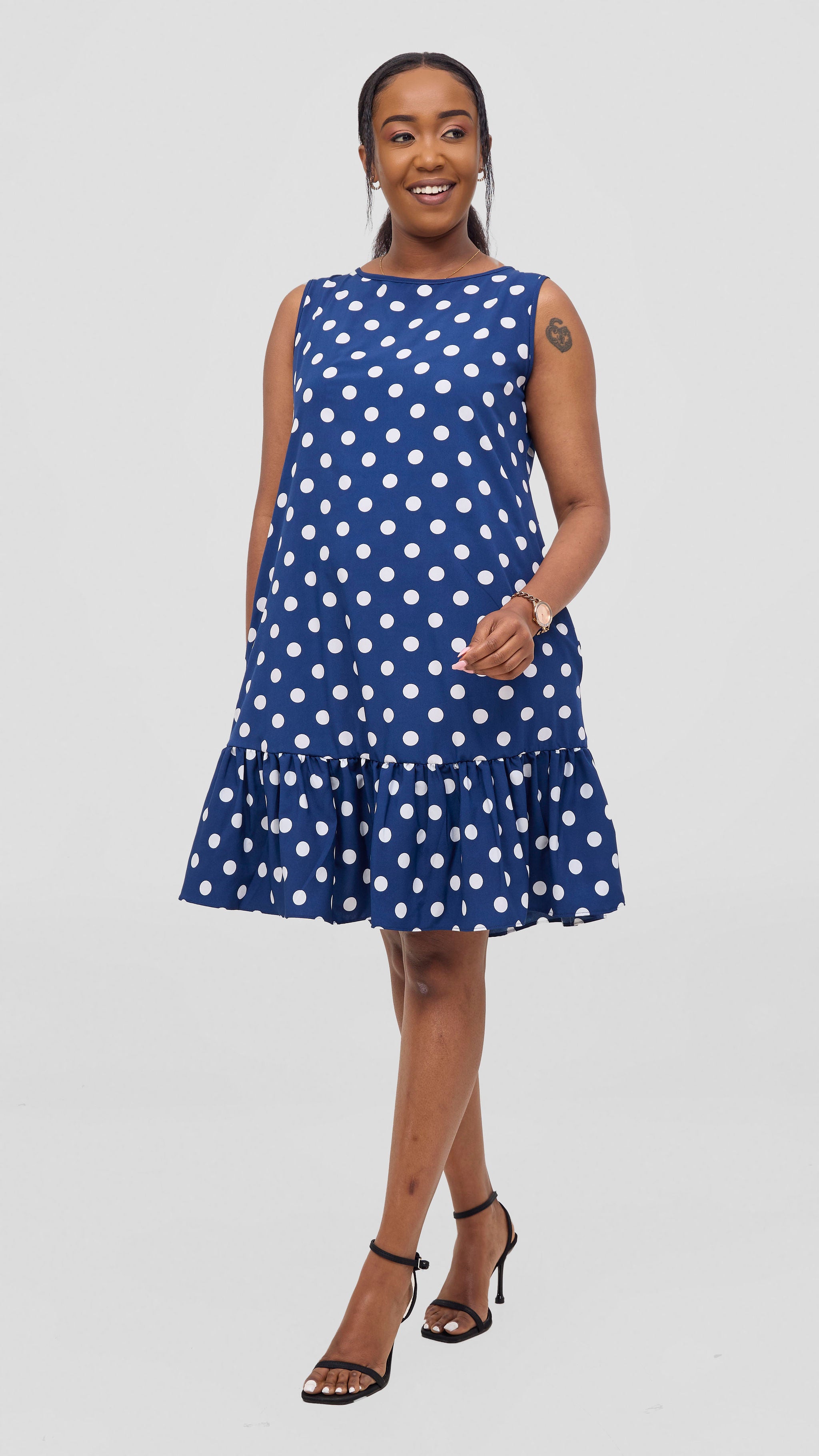 Vivo Dalia Sleeveless Gathered Tent Dress - Navy / White Print