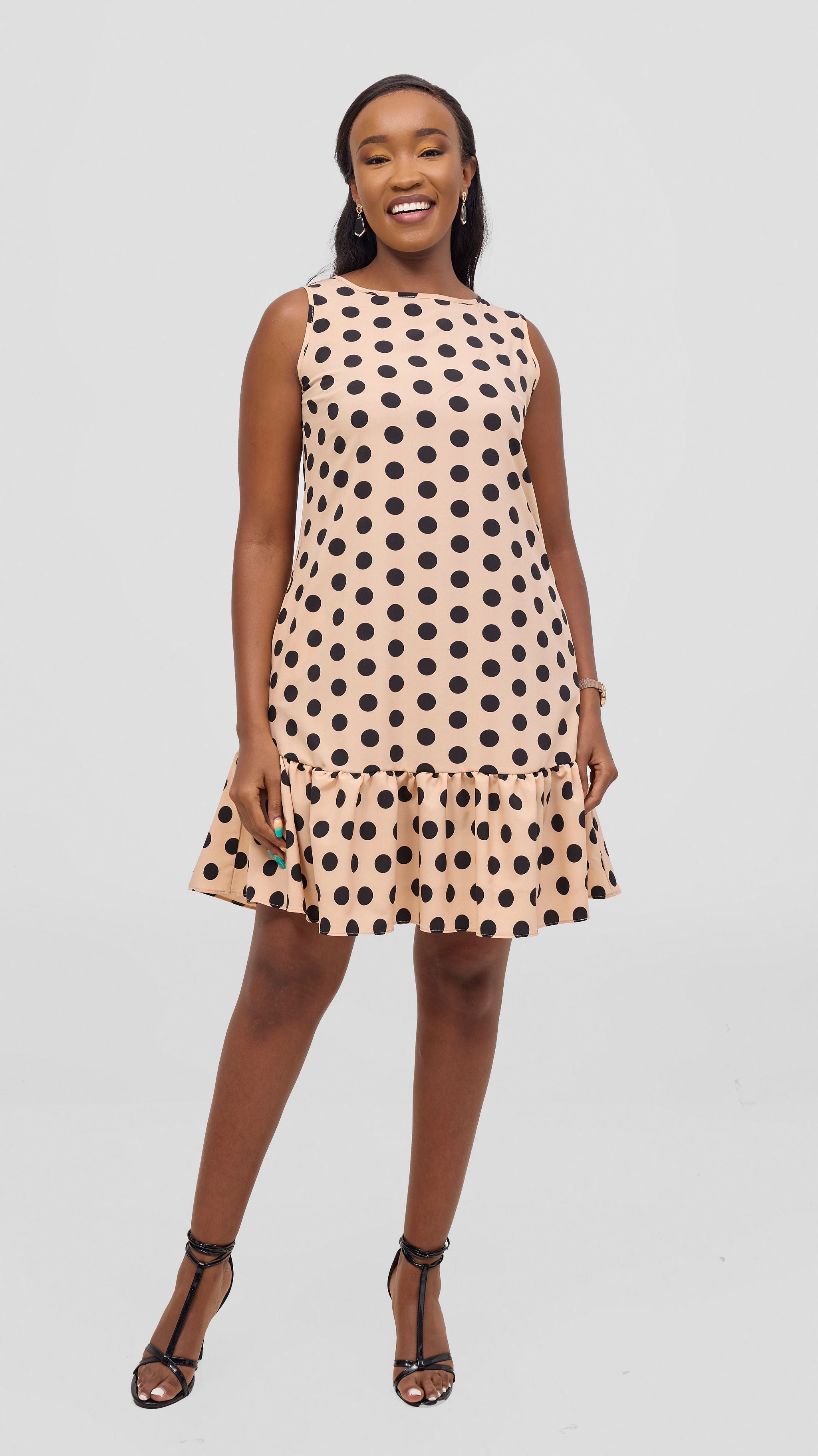 Vivo Dalia Sleeveless Gathered Tent Dress - Beige / Black Print