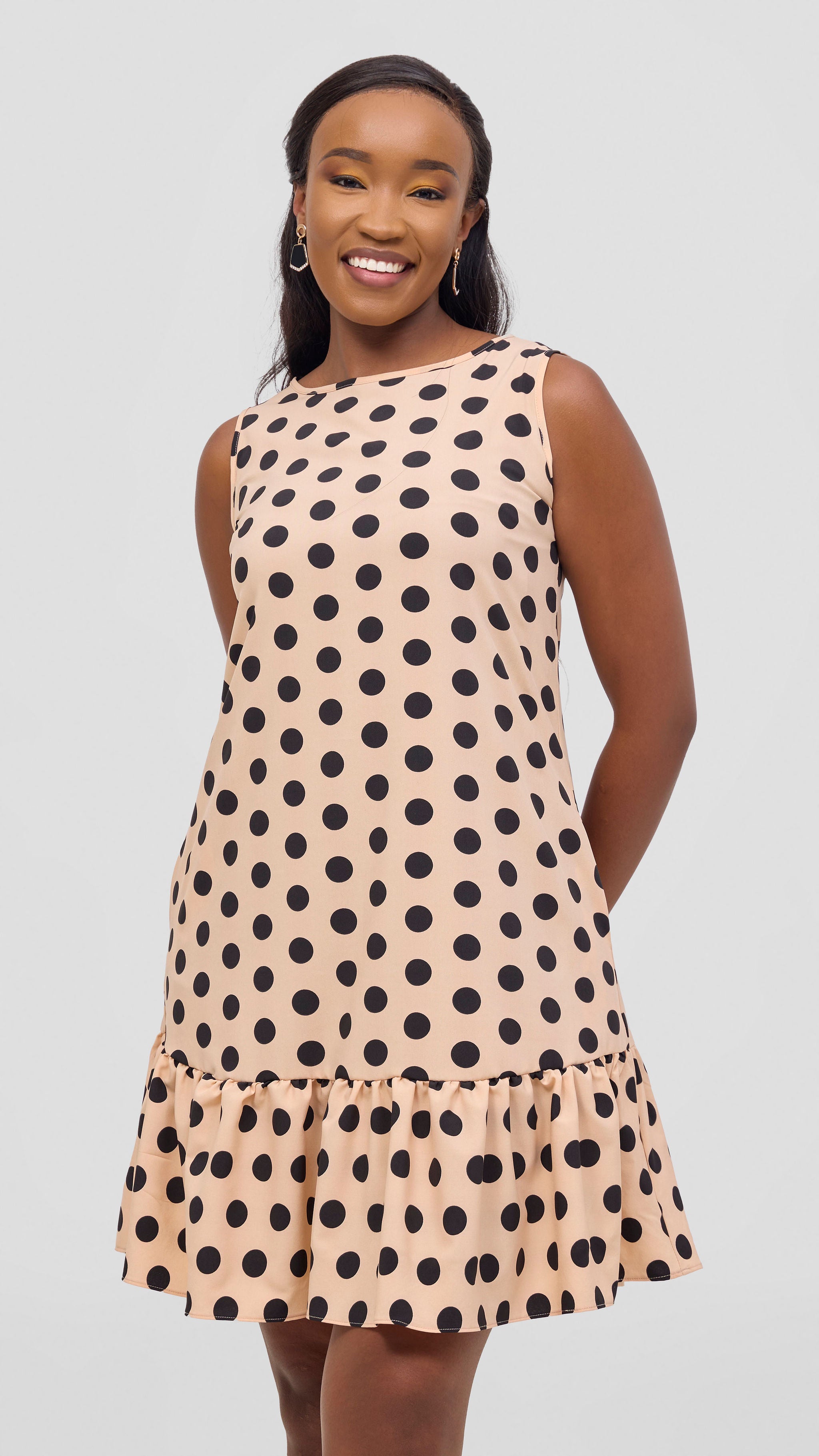 Vivo Dalia Sleeveless Gathered Tent Dress - Beige / Black Print