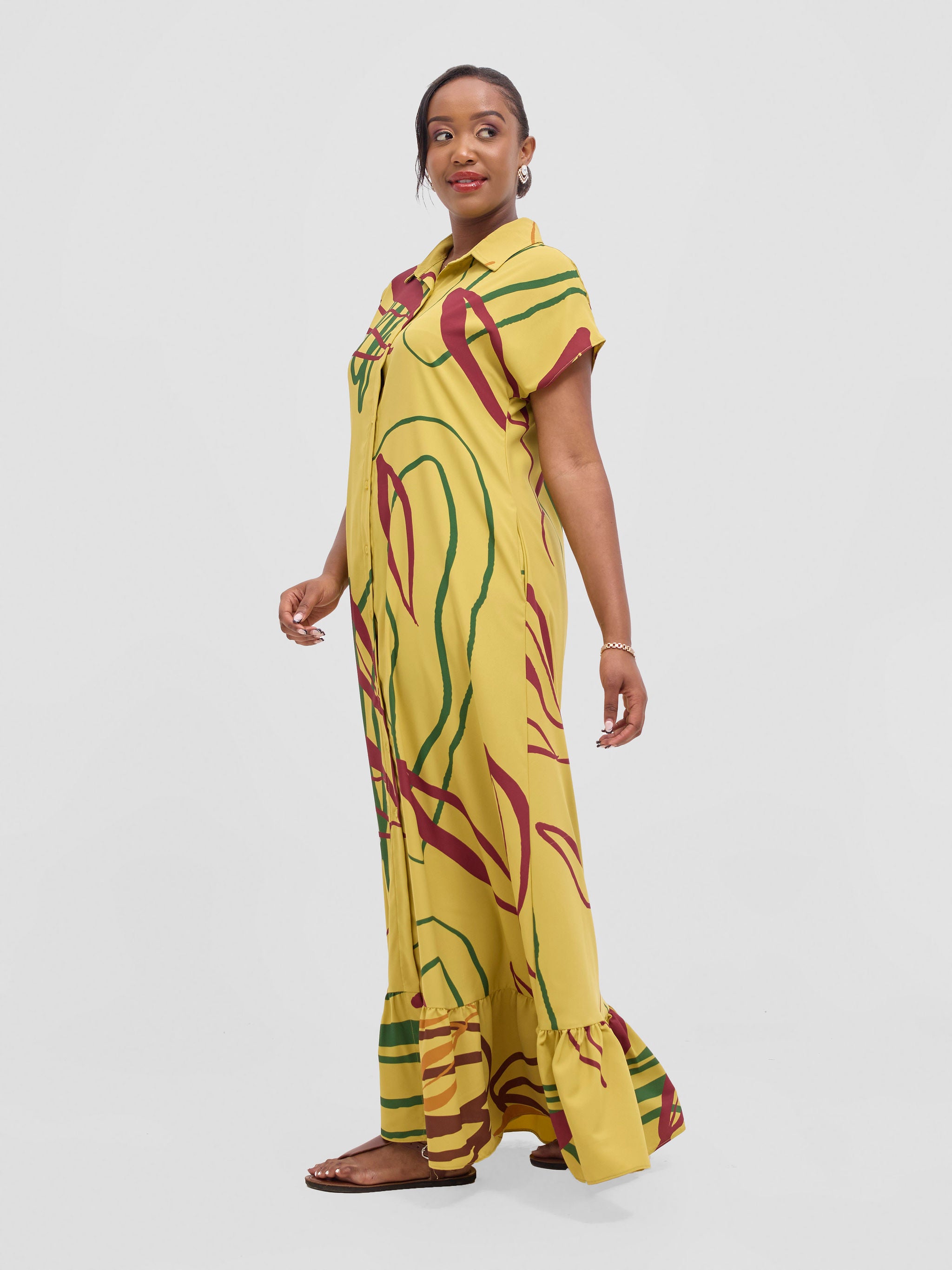Vivo Asha Drop Shoulder Maxi Shirt Dress - Mustard Yellow / Burgundy Piko Print