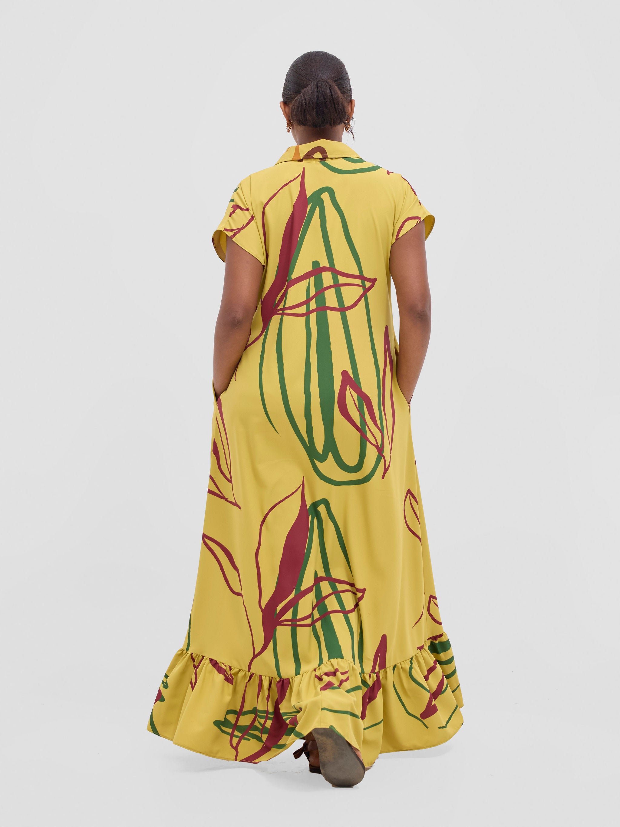 Vivo Asha Drop Shoulder Maxi Shirt Dress - Mustard Yellow / Burgundy Piko Print