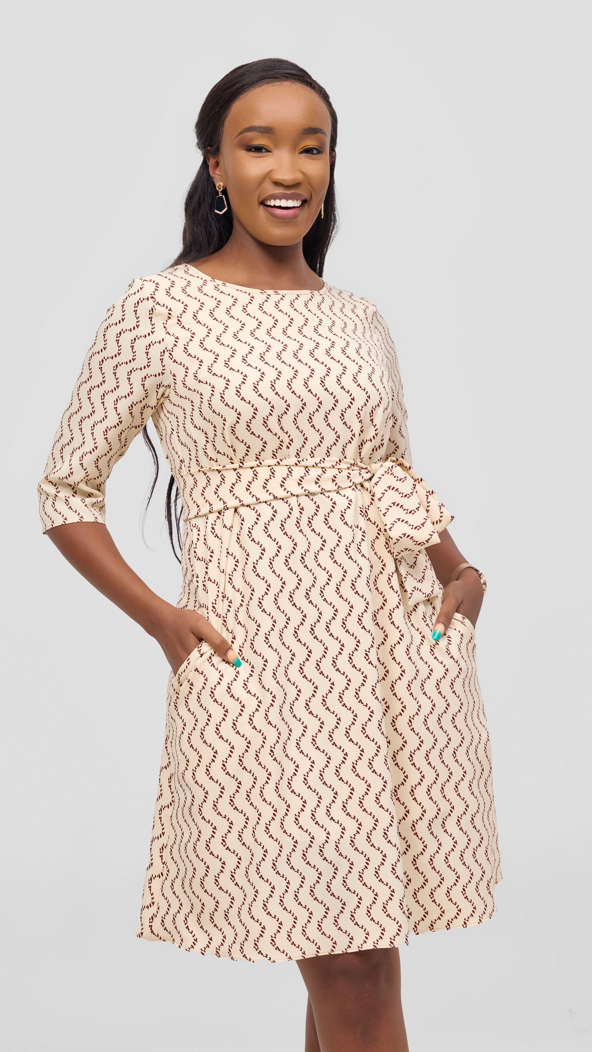 Vivo Laika 3/4 Sleeve Tent Dress - Cream / Rust Print