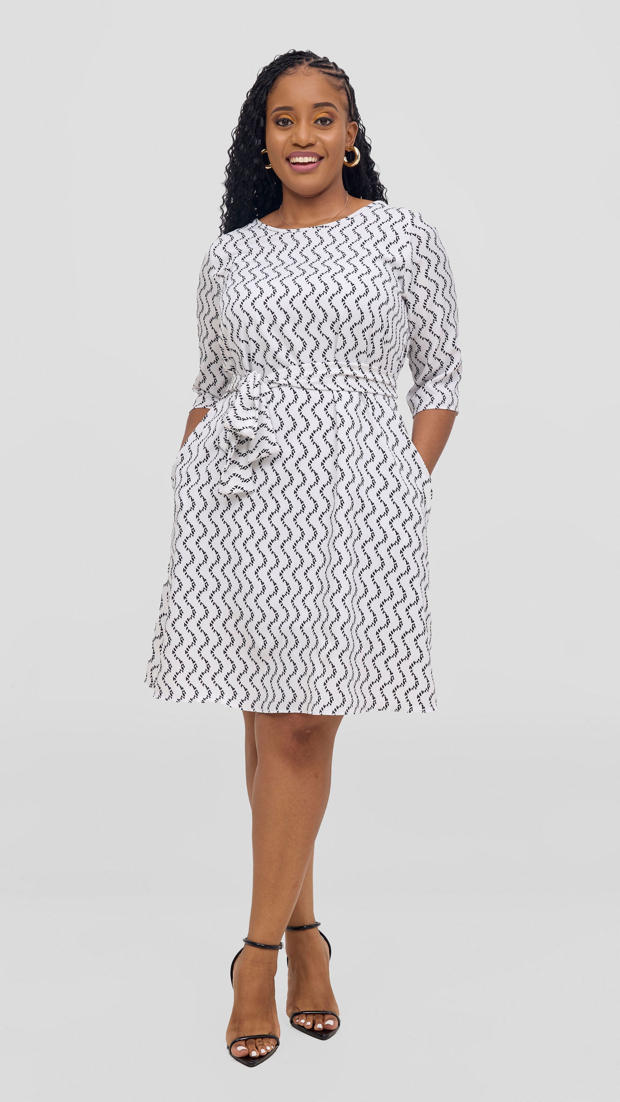 Vivo Laika 3/4 Sleeve Tent Dress - White / Black Print