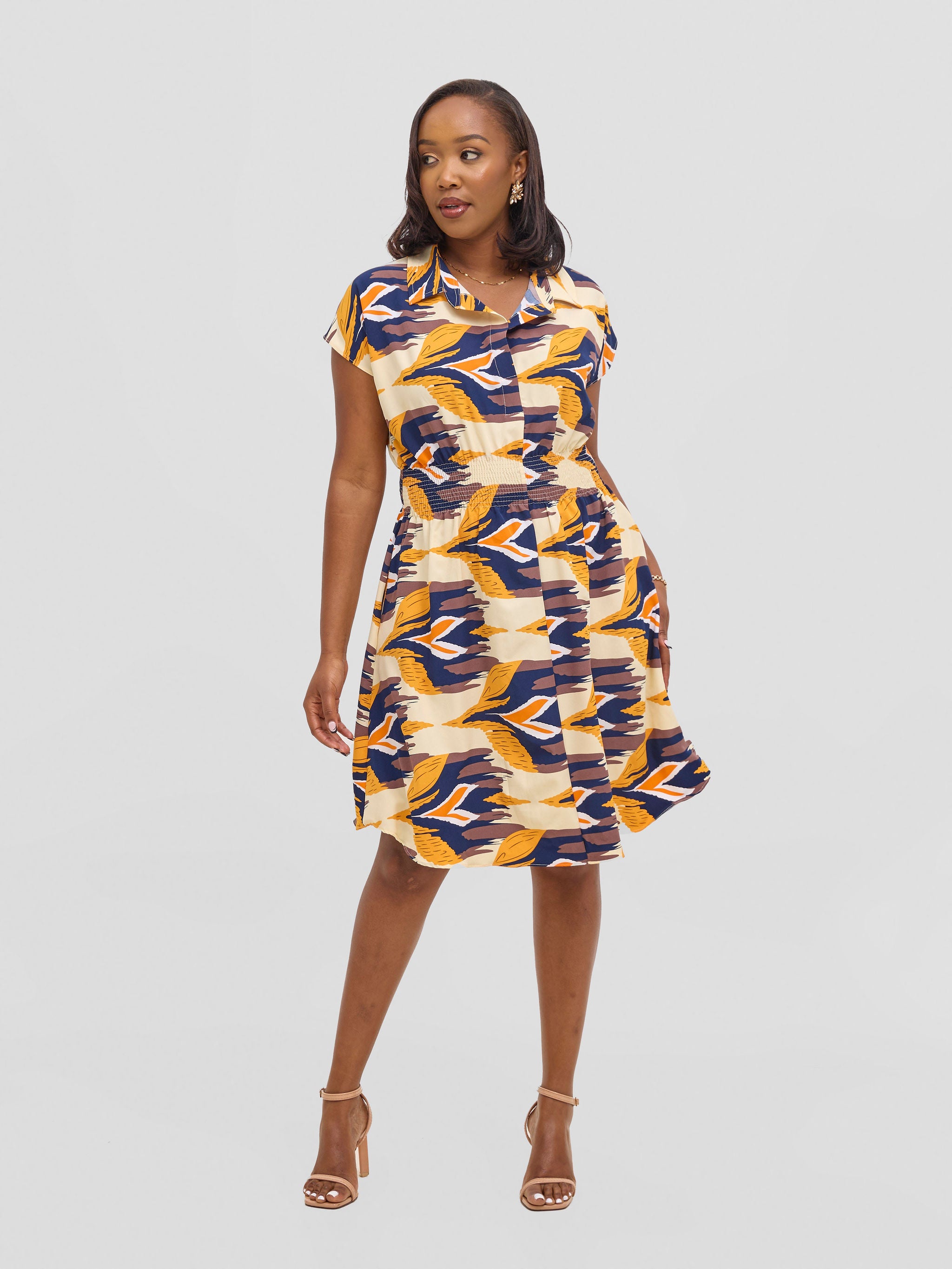 Vivo Zena Shirred Waist Shirt Dress - Beige / Mustard Print