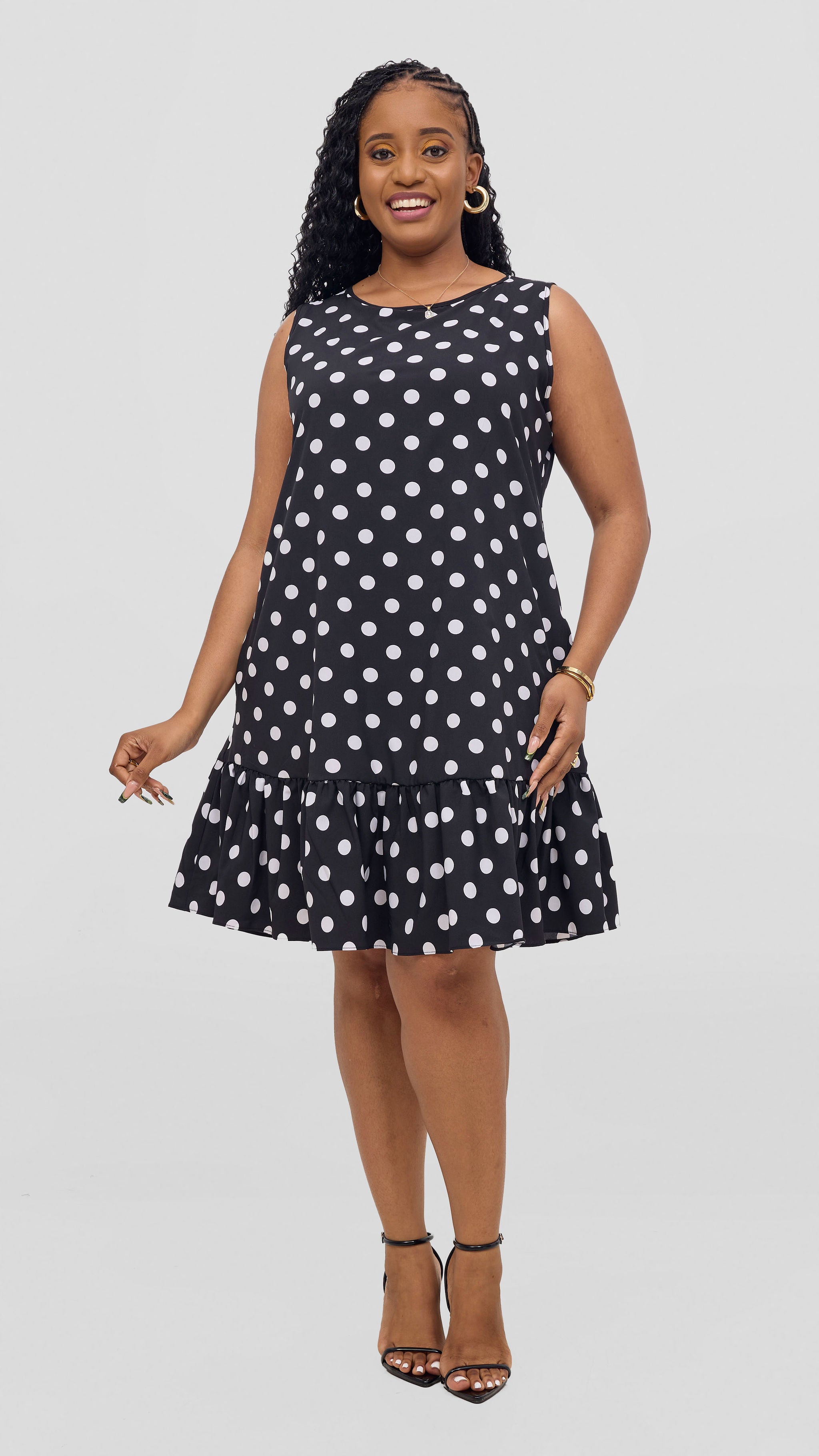 Vivo Dalia Sleeveless Gathered Tent Dress - Black / White Print