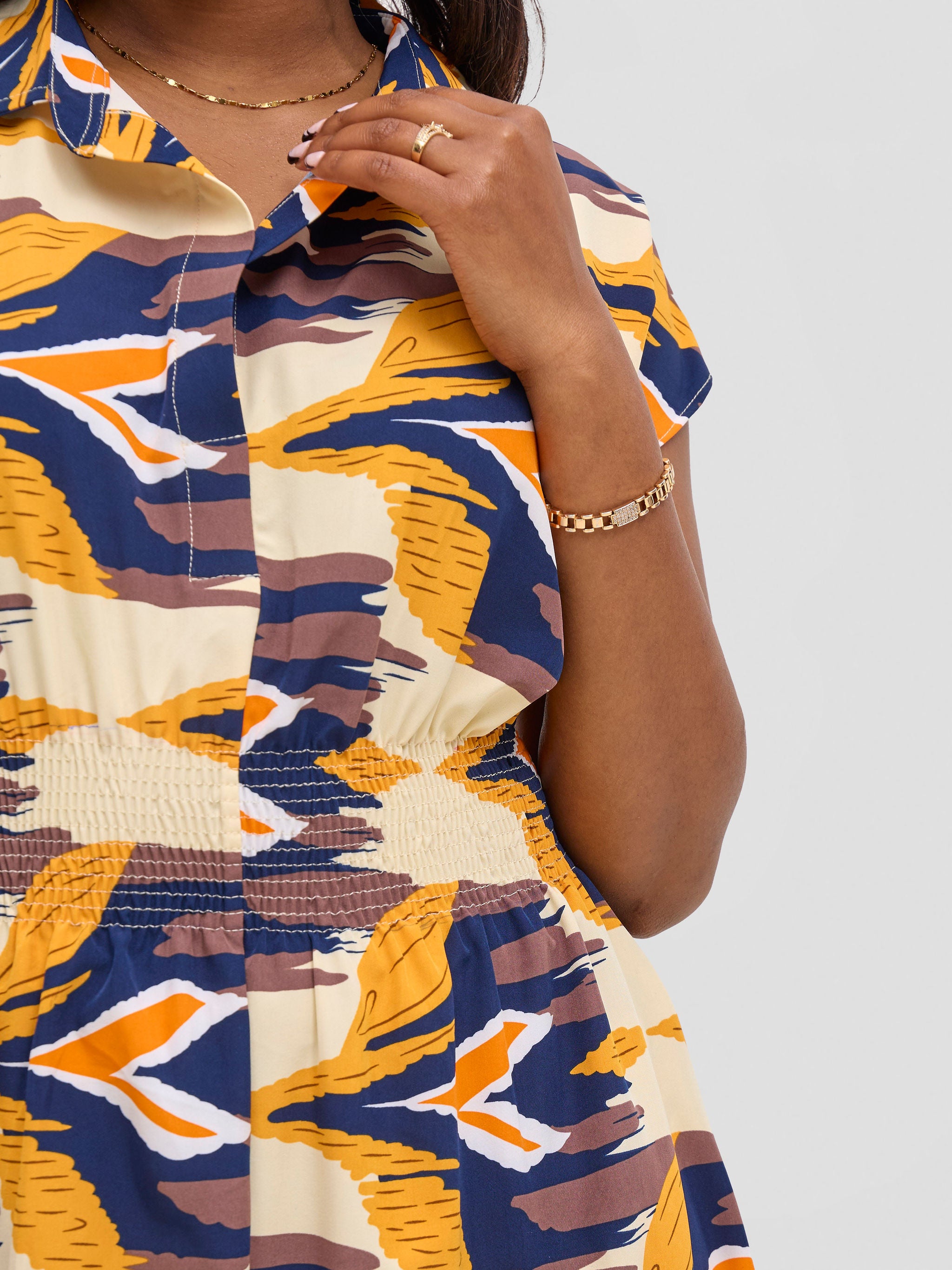 Vivo Zena Shirred Waist Shirt Dress - Beige / Mustard Print