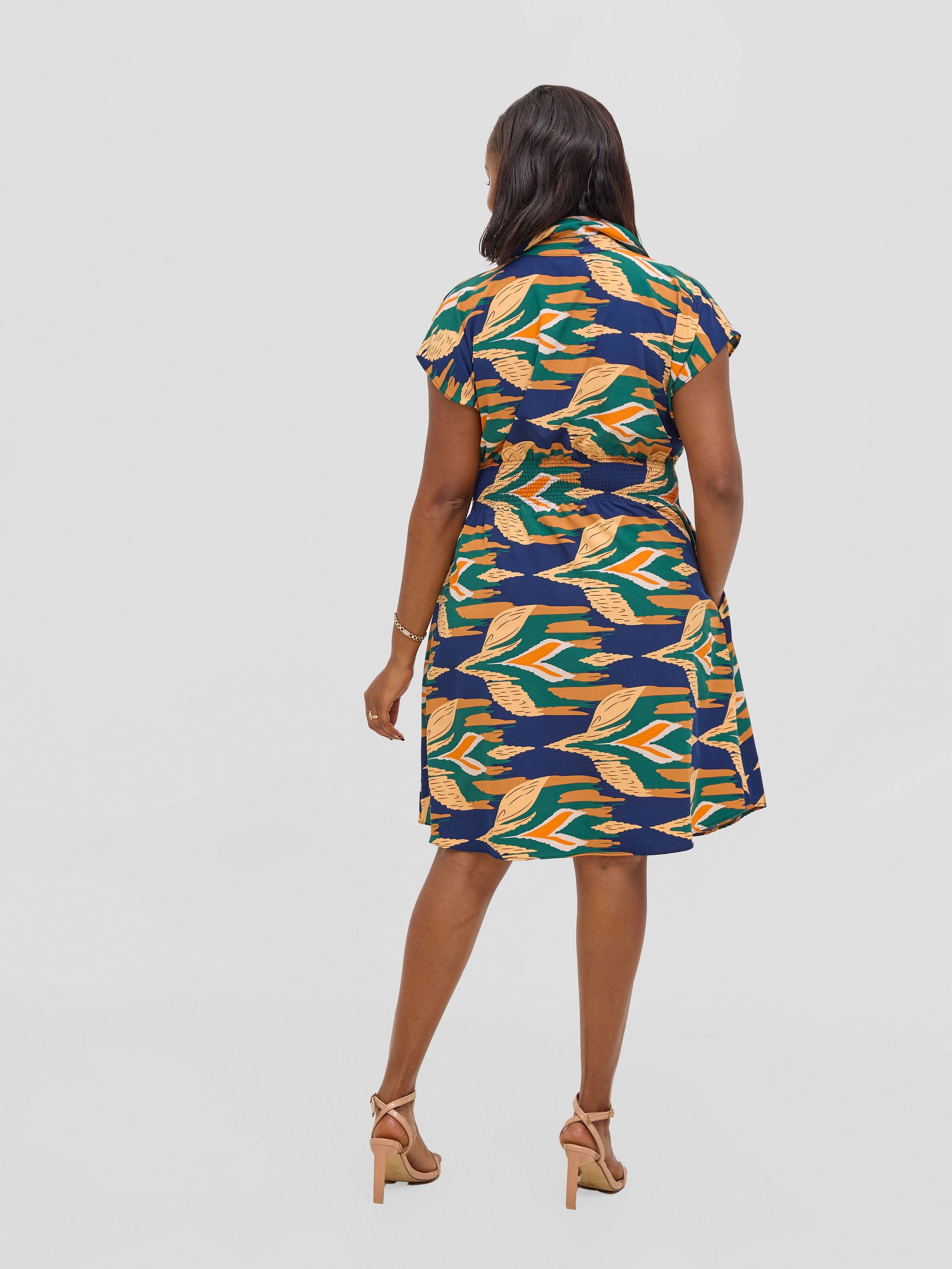 Vivo Zena Shirred Waist Shirt Dress - Green / Navy Print