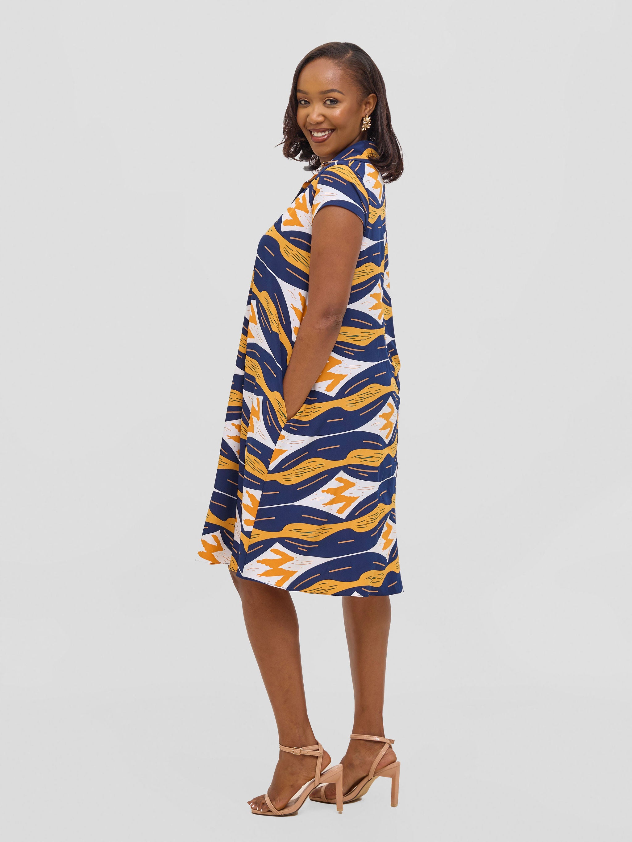 Vivo Yumi Cap Sleeve Dress - Navy / Mustard Print