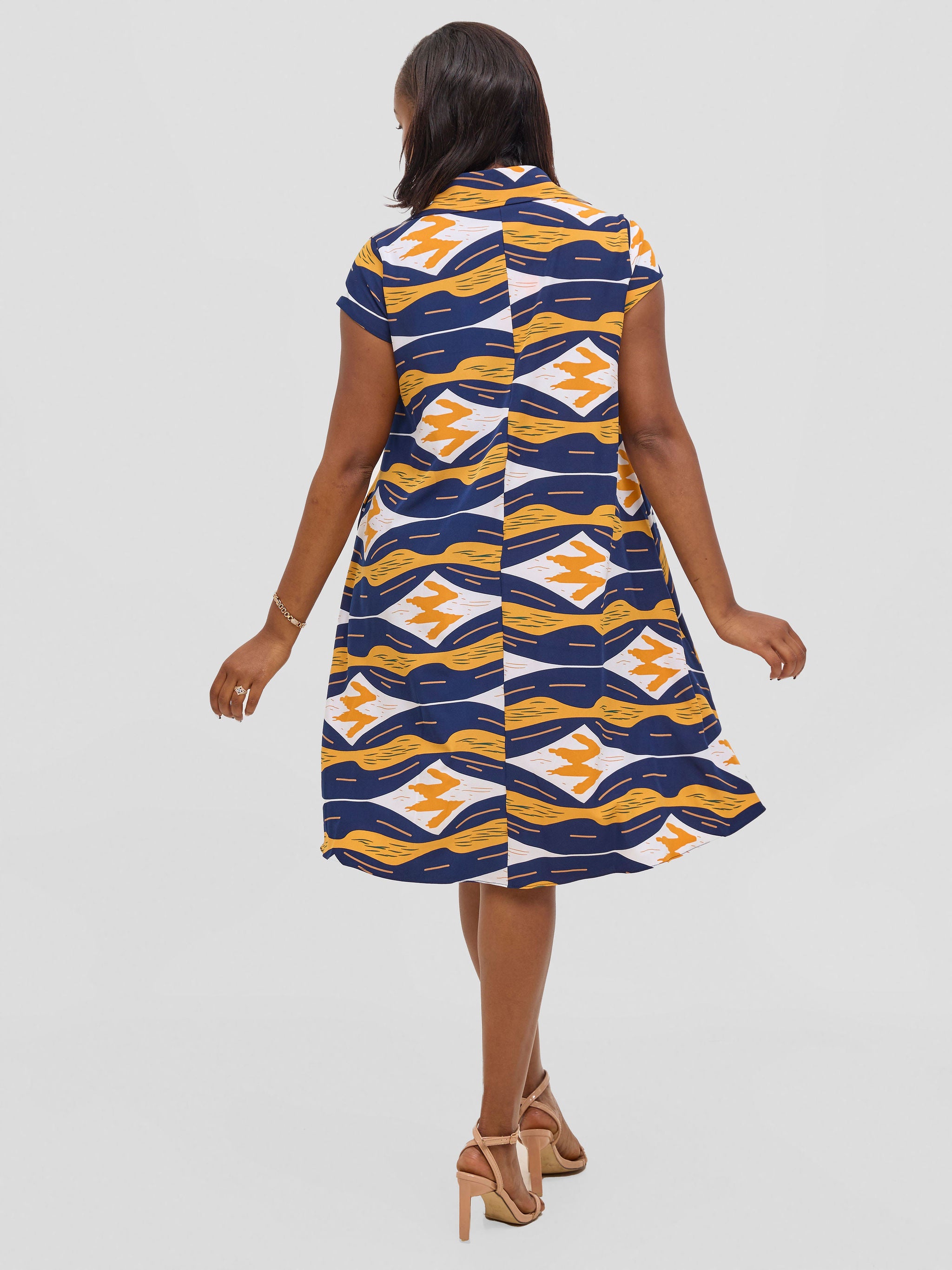 Vivo Yumi Cap Sleeve Dress - Navy / Mustard Print