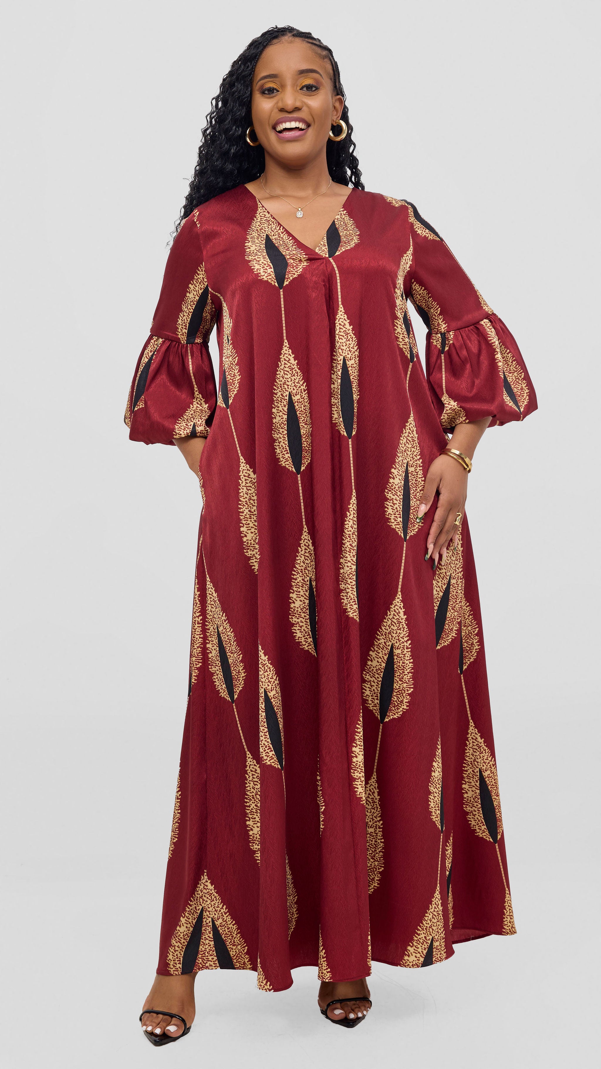 Vivo Hanabi Tent Maxi Dress - Maroon / Beige Print