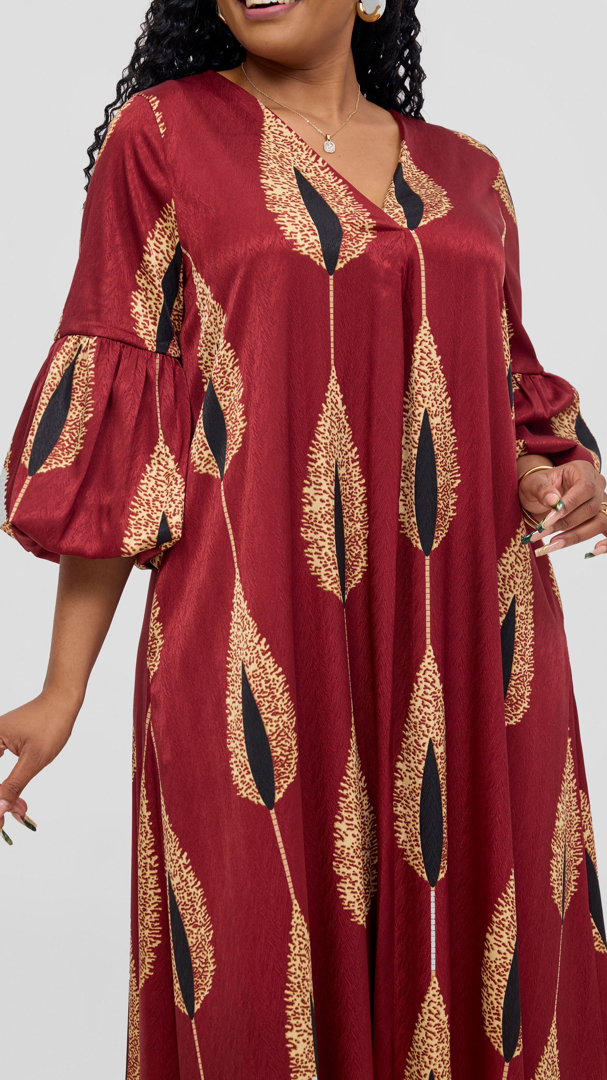 Vivo Hanabi Tent Maxi Dress - Maroon / Beige Print