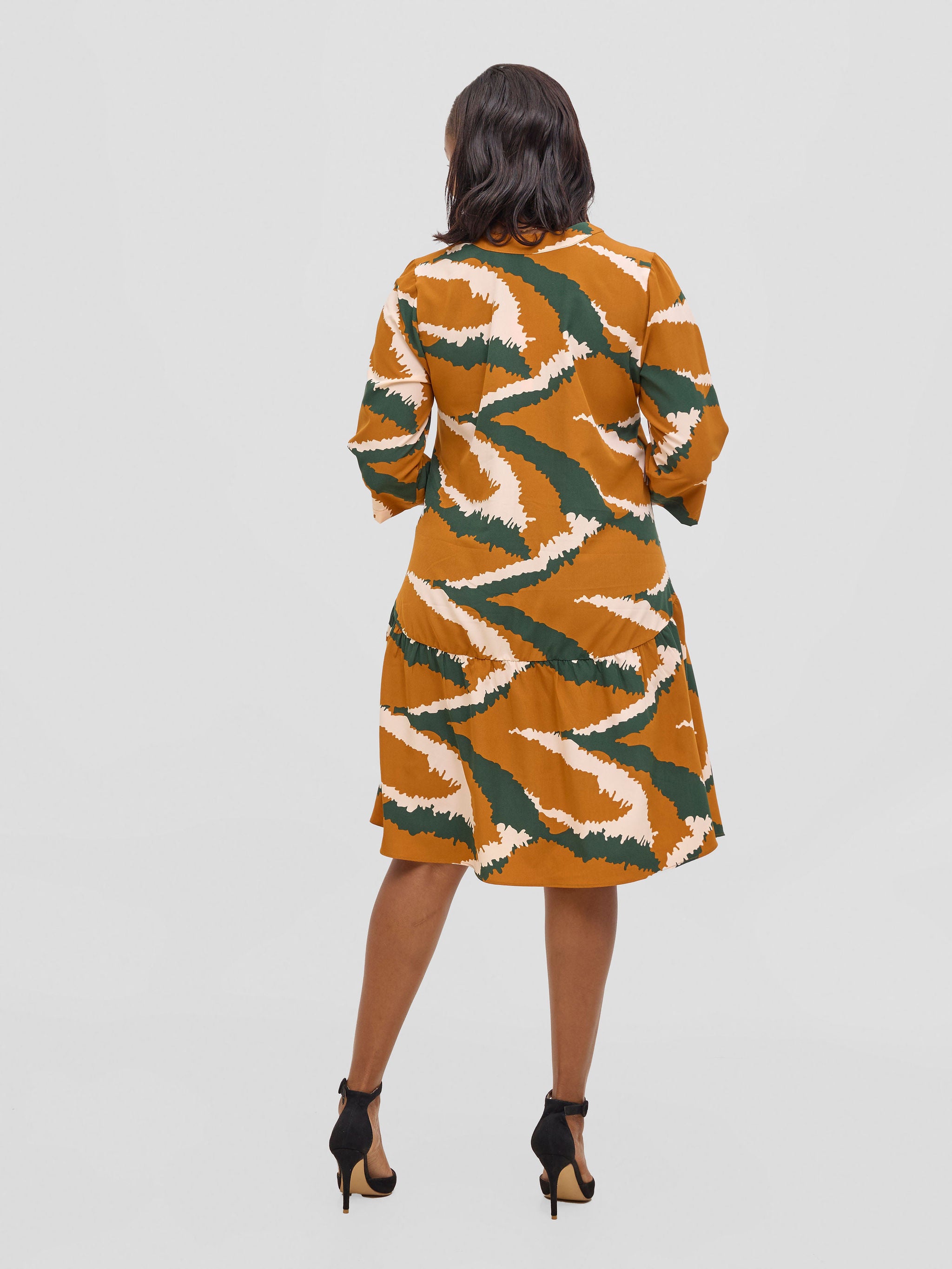 Vivo Reba Gathered Dress - Tan / Green Eba Print