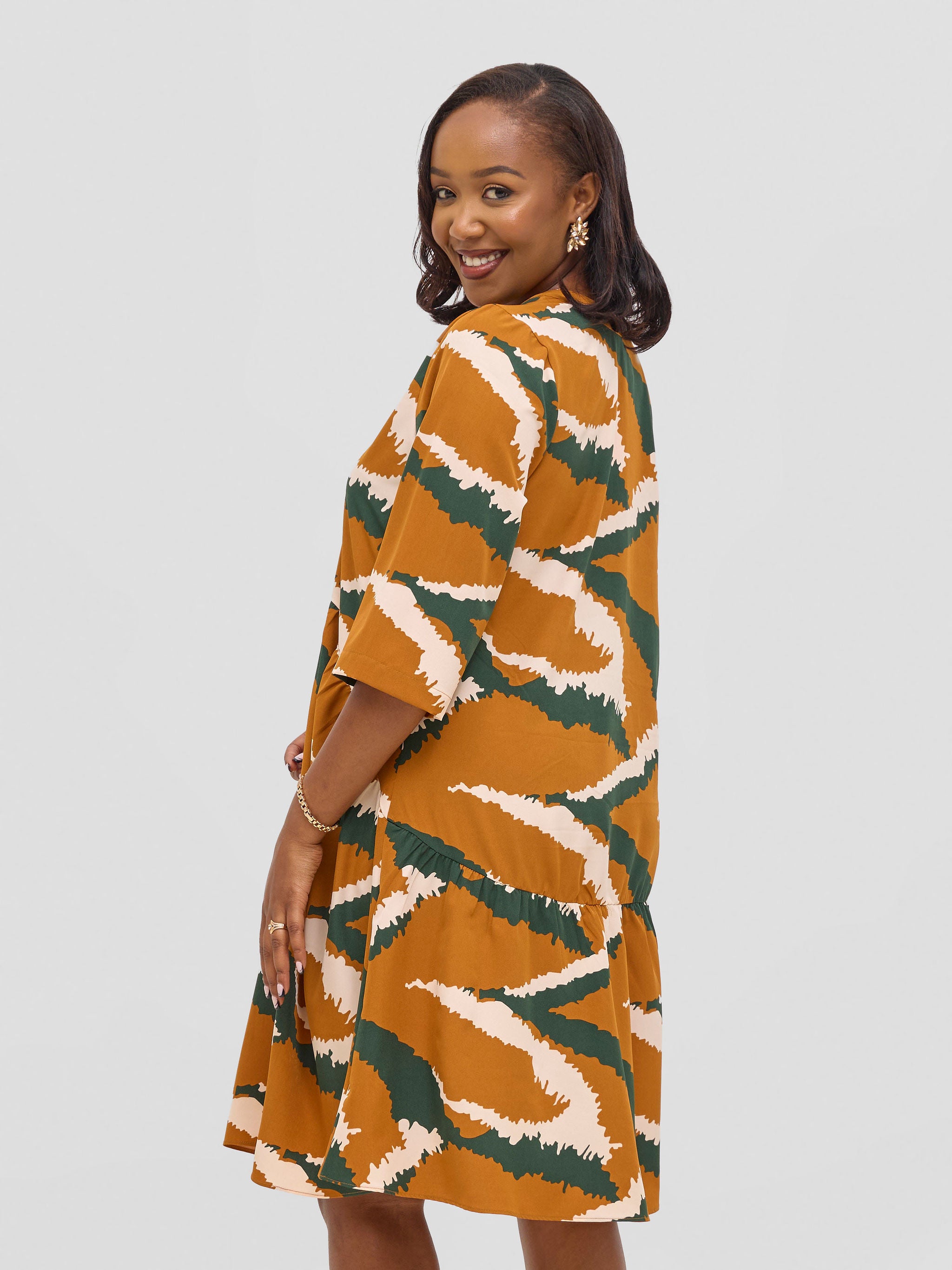 Vivo Reba Gathered Dress - Tan / Green Eba Print