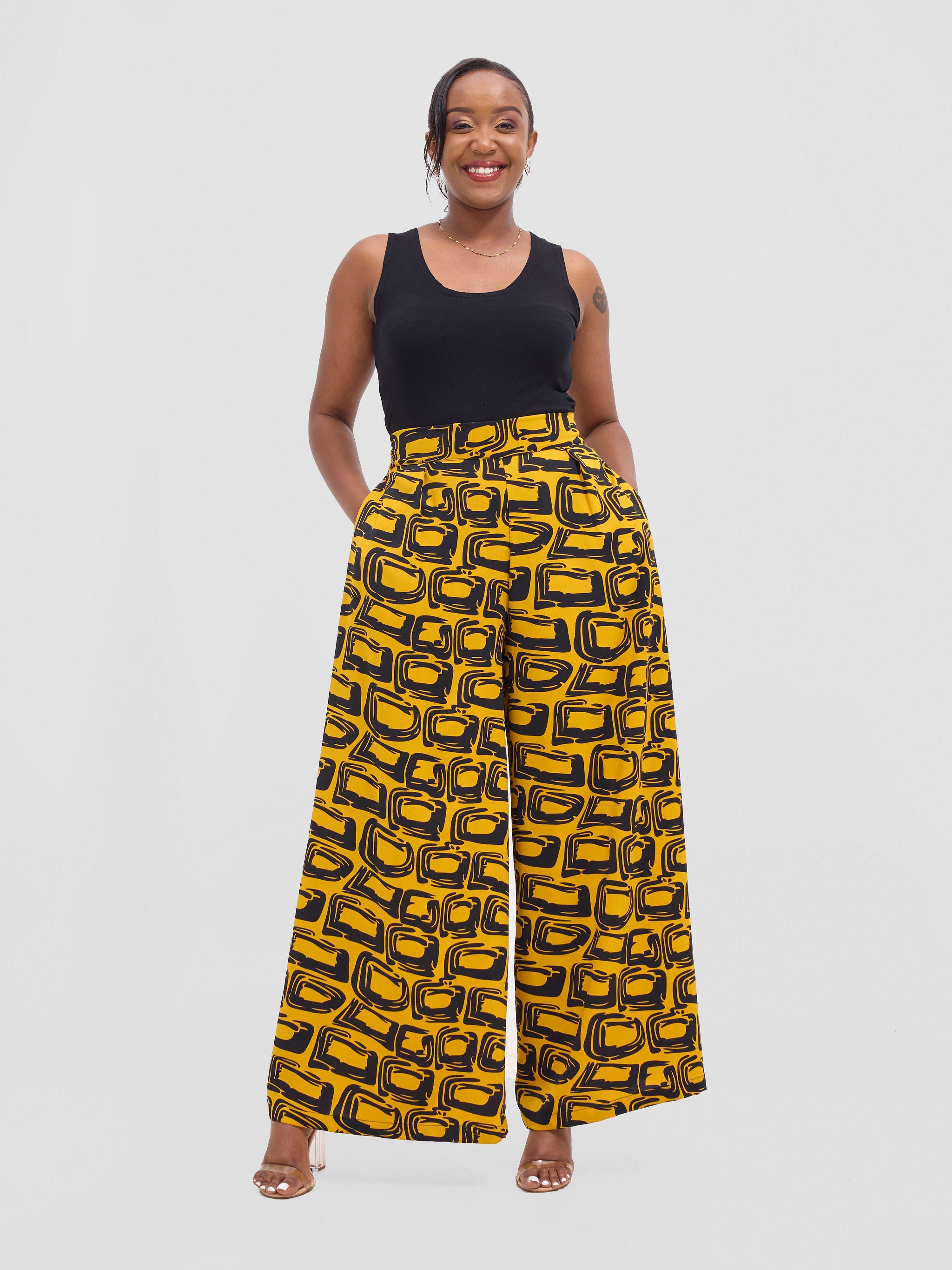 Vivo Basic Crepe Pants - Mustard / Black Umbo Print