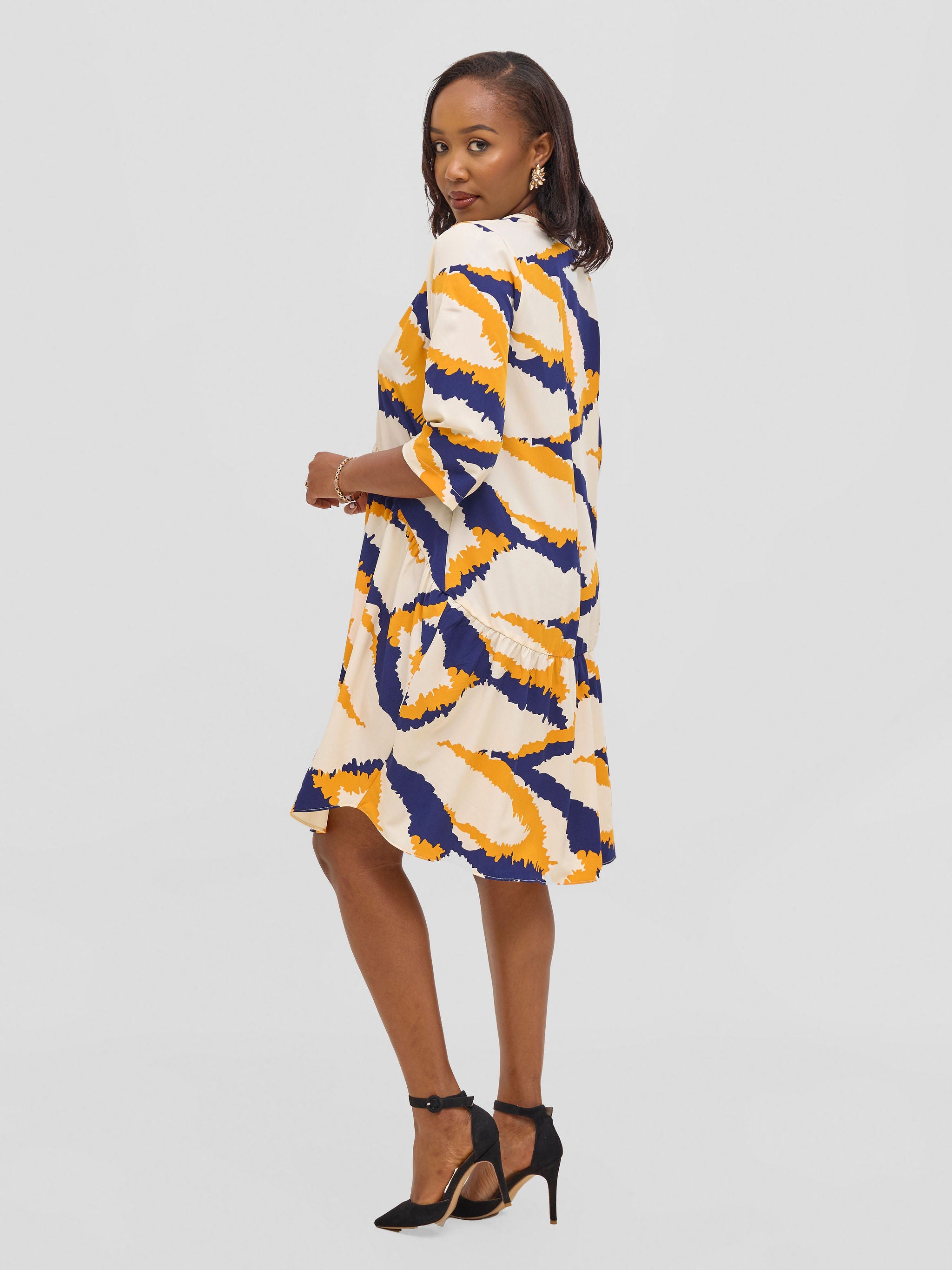 Vivo Reba Gathered Dress - Yellow / Navy Eba Print