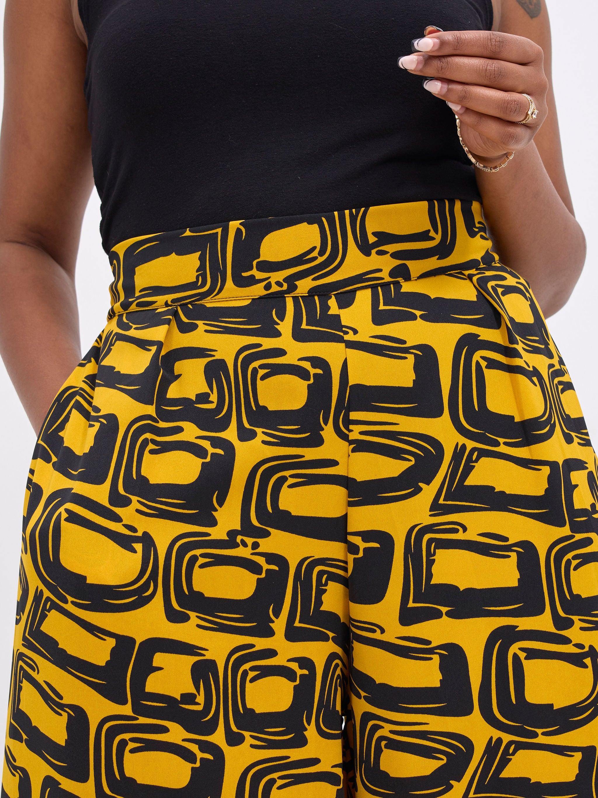 Vivo Basic Crepe Pants - Mustard / Black Umbo Print