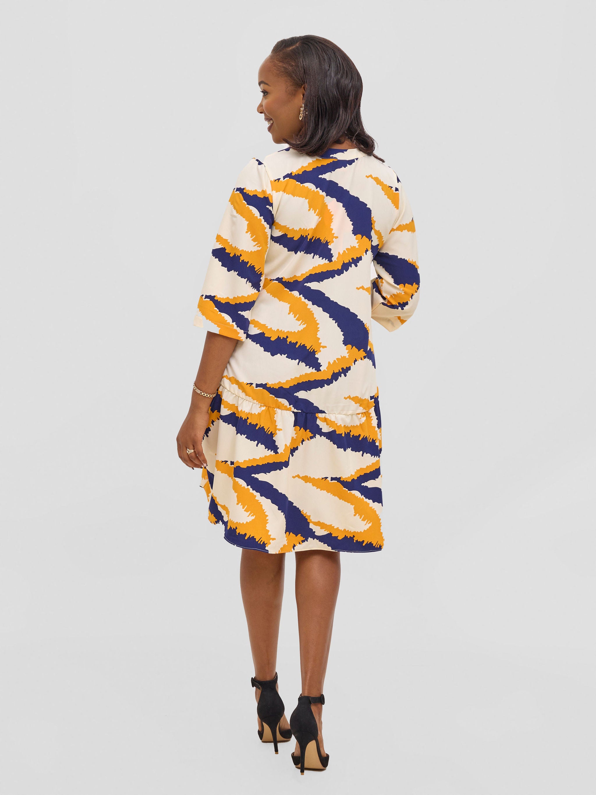 Vivo Reba Gathered Dress - Yellow / Navy Eba Print