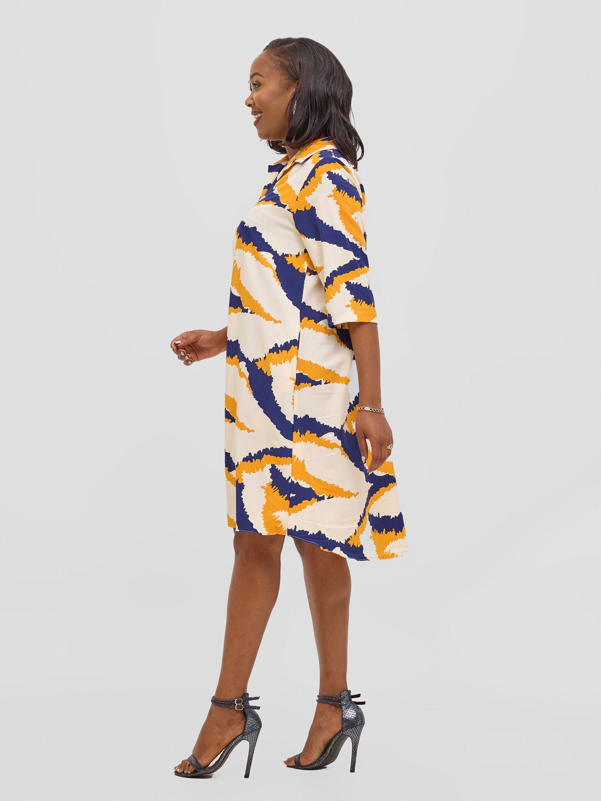 Vivo Reba Hi Low Dress - Yellow / Navy Print